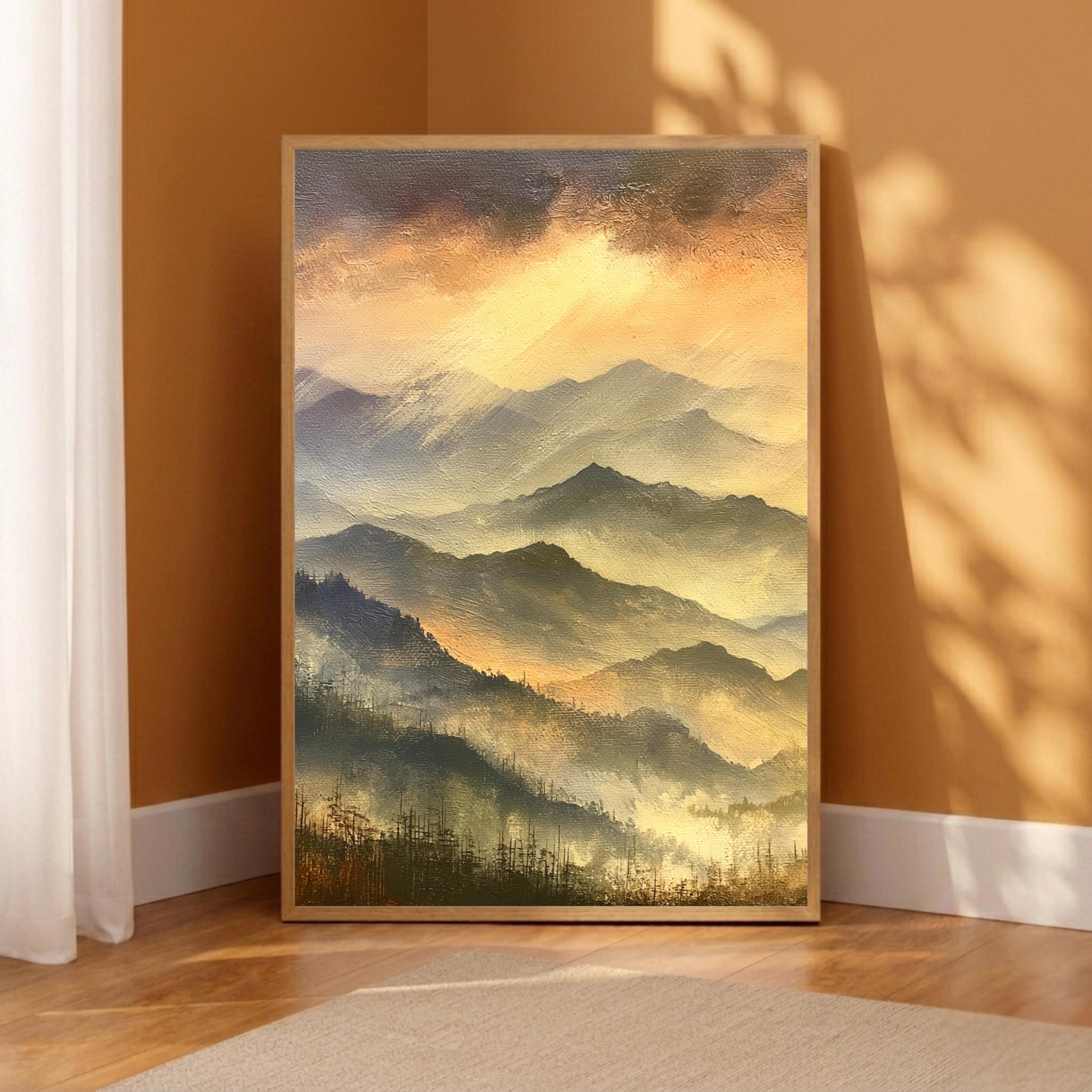 Blue Ridge Mountains Portrait Print, Mountain Sunset Wall Art Print, Warm Amber Landscape Decor, Moody Mountain Canvas Print