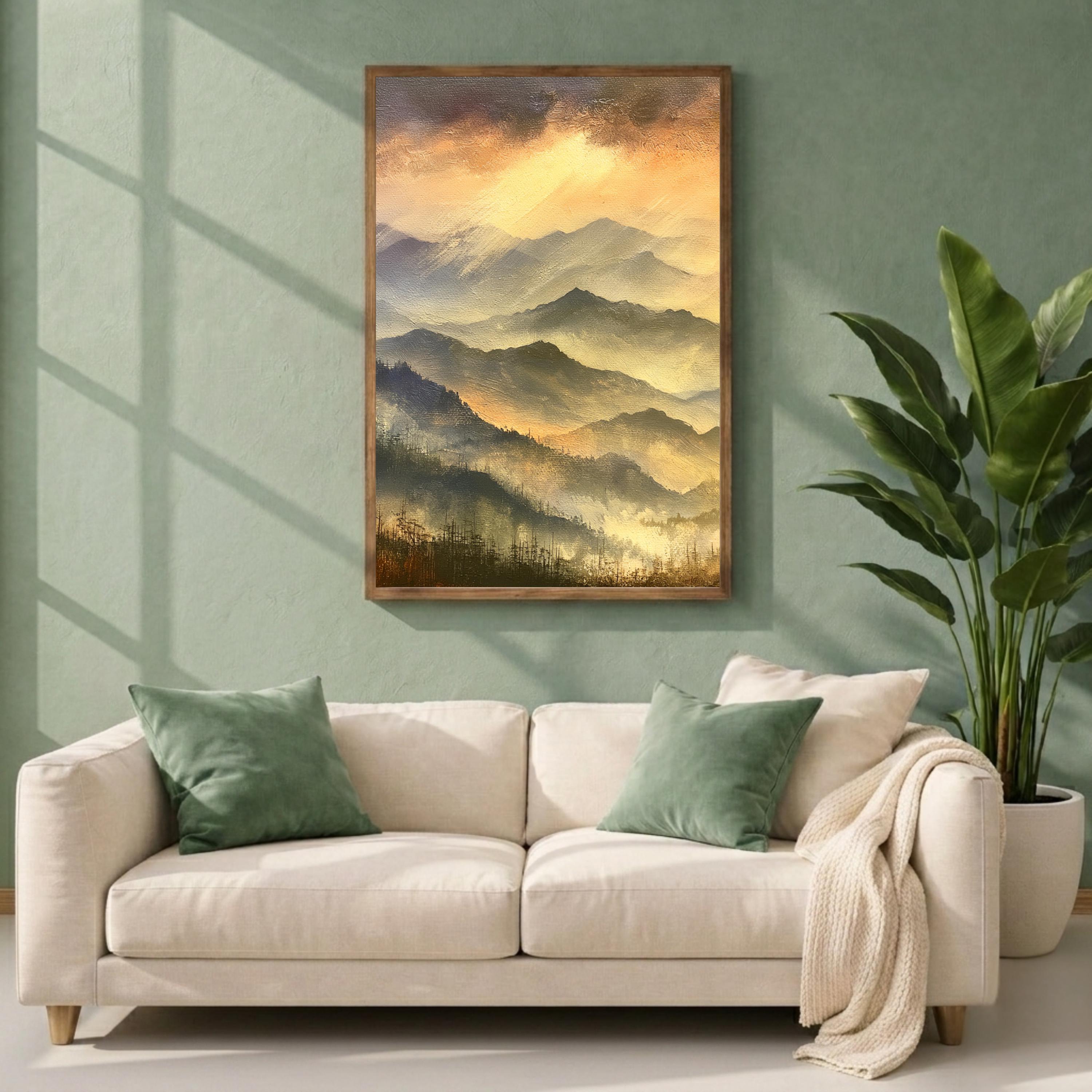 Blue Ridge Mountains Portrait Print, Mountain Sunset Wall Art Print, Warm Amber Landscape Decor, Moody Mountain Canvas Print