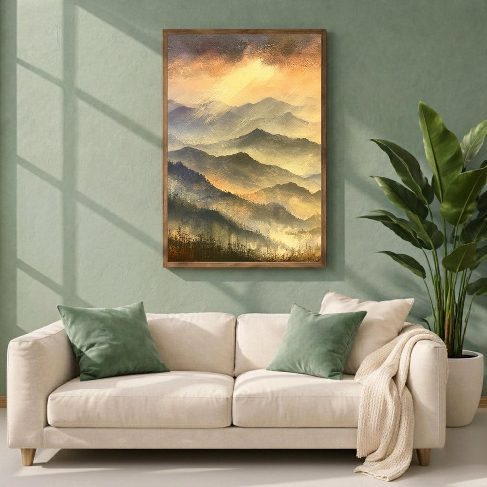Blue Ridge Mountains Portrait Print, Mountain Sunset Wall Art Print, Warm Amber Landscape Decor, Moody Mountain Canvas Print