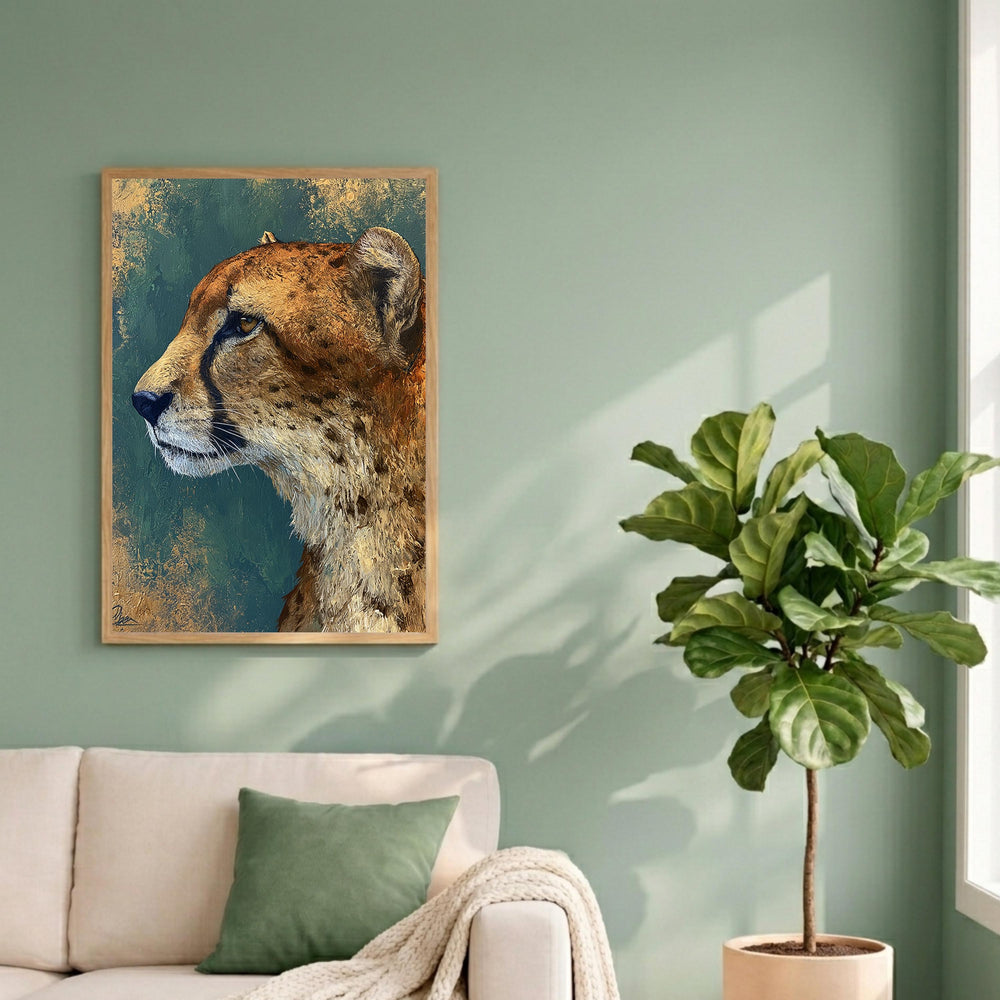 Cheetah Portrait Wall Art Print, Emerald Green Animal Print Decor, Moody Wild Cat Canvas, Teal Gold Wildlife Wall Art,Bold Safari Room Decor