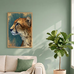 Cheetah Portrait Wall Art Print, Emerald Green Animal Print Decor, Moody Wild Cat Canvas, Teal Gold Wildlife Wall Art,Bold Safari Room Decor