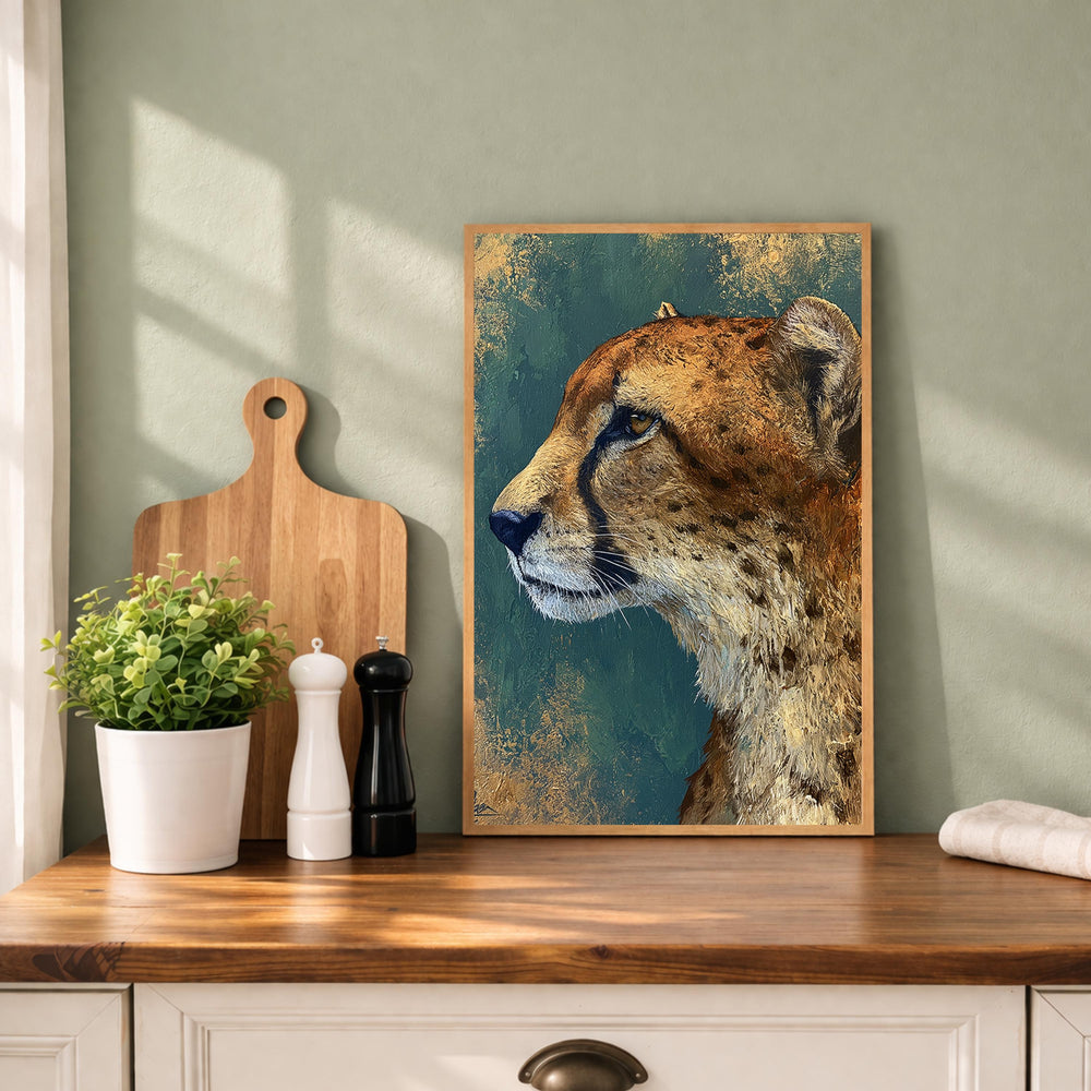Cheetah Portrait Wall Art Print, Emerald Green Animal Print Decor, Moody Wild Cat Canvas, Teal Gold Wildlife Wall Art,Bold Safari Room Decor