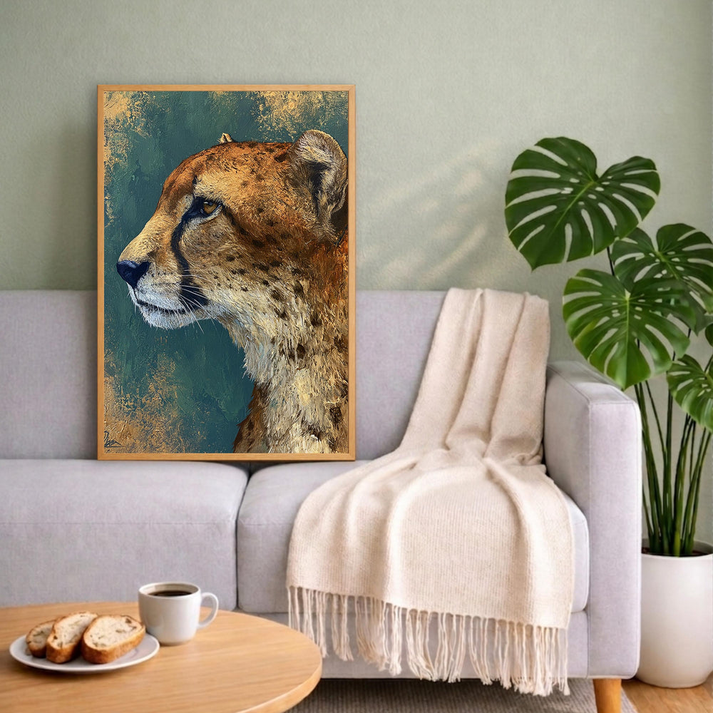 Cheetah Portrait Wall Art Print, Emerald Green Animal Print Decor, Moody Wild Cat Canvas, Teal Gold Wildlife Wall Art,Bold Safari Room Decor