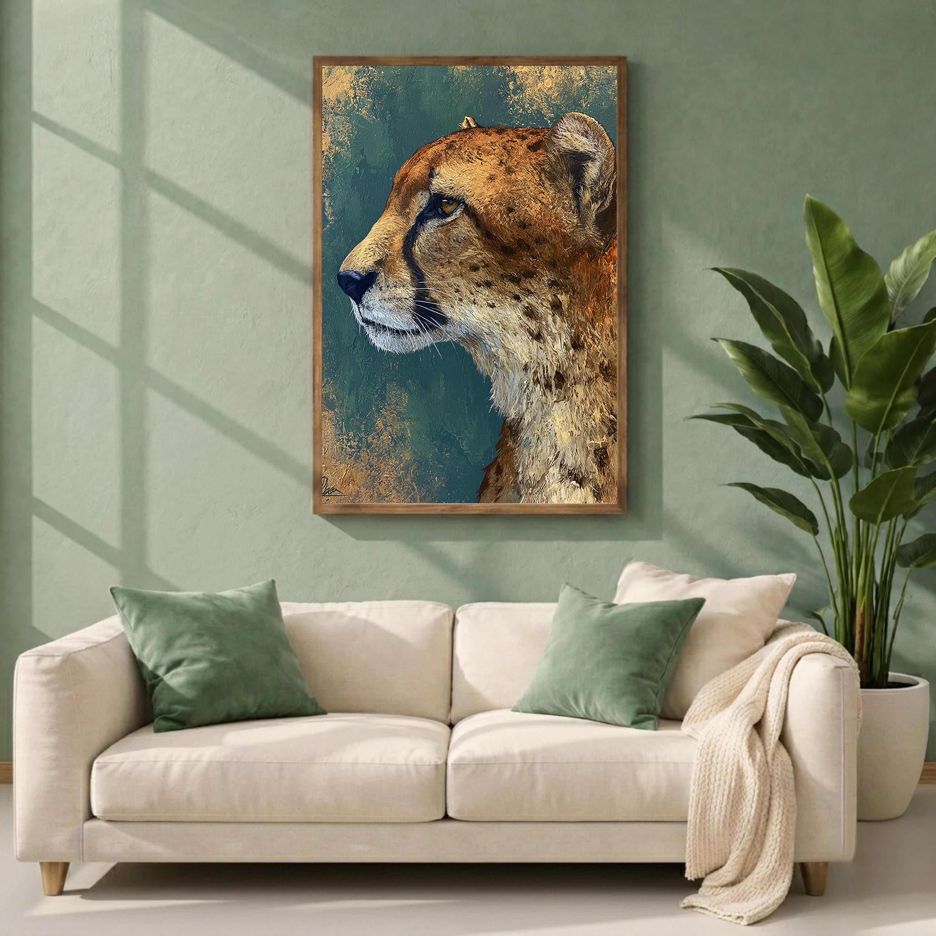 Cheetah Portrait Wall Art Print, Emerald Green Animal Print Decor, Moody Wild Cat Canvas, Teal Gold Wildlife Wall Art,Bold Safari Room Decor
