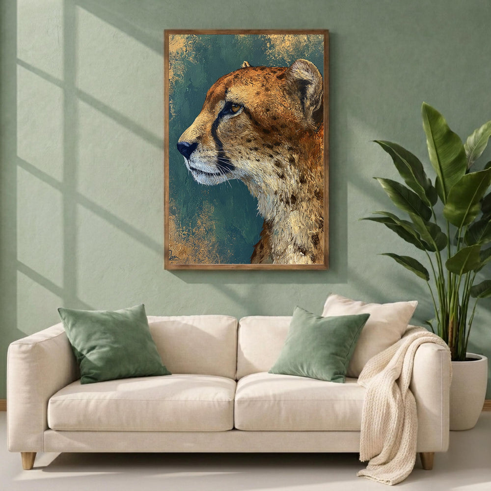 Cheetah Portrait Wall Art Print, Emerald Green Animal Print Decor, Moody Wild Cat Canvas, Teal Gold Wildlife Wall Art,Bold Safari Room Decor
