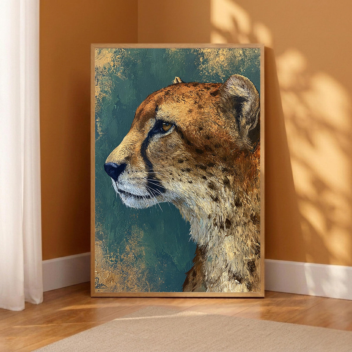 Cheetah Portrait Wall Art Print, Emerald Green Animal Print Decor, Moody Wild Cat Canvas, Teal Gold Wildlife Wall Art,Bold Safari Room Decor