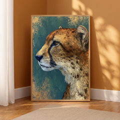 Cheetah Portrait Wall Art Print, Emerald Green Animal Print Decor, Moody Wild Cat Canvas, Teal Gold Wildlife Wall Art,Bold Safari Room Decor
