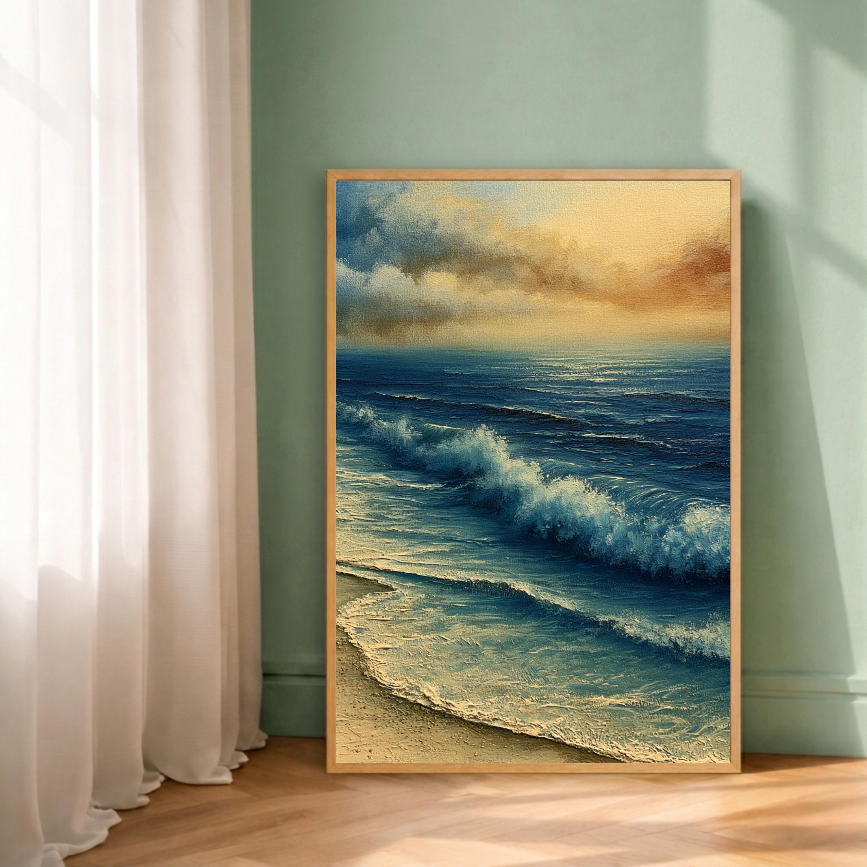 Ocean Waves Portrait Wall Art Print, Framed Art Print for Living Room, Coastal Beach Wall Decor, Aqua Blue Neutral Seascape