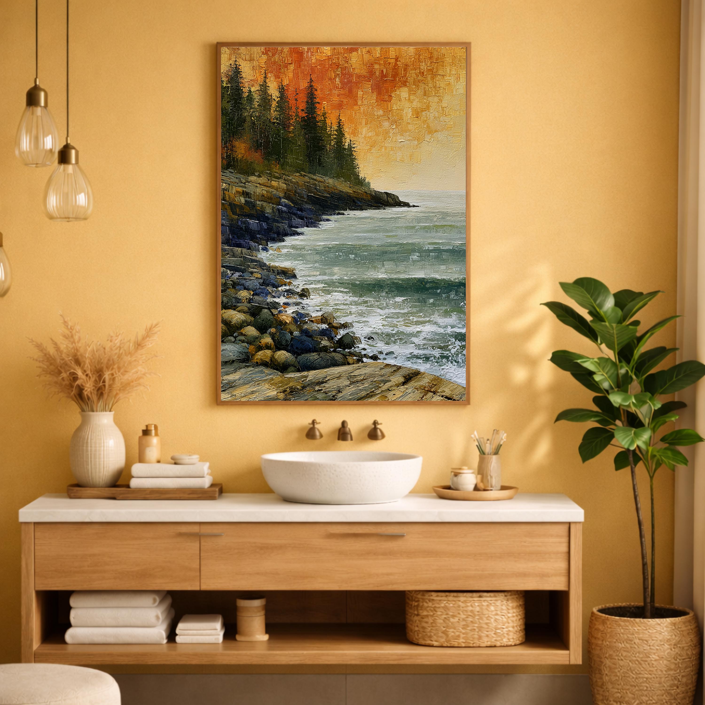 Rocky Coast of Maine Wall Art Print, Coastal Landscape Canvas Decor, Rustic Ocean Cliff Artwork, New England Seascape Wall Art