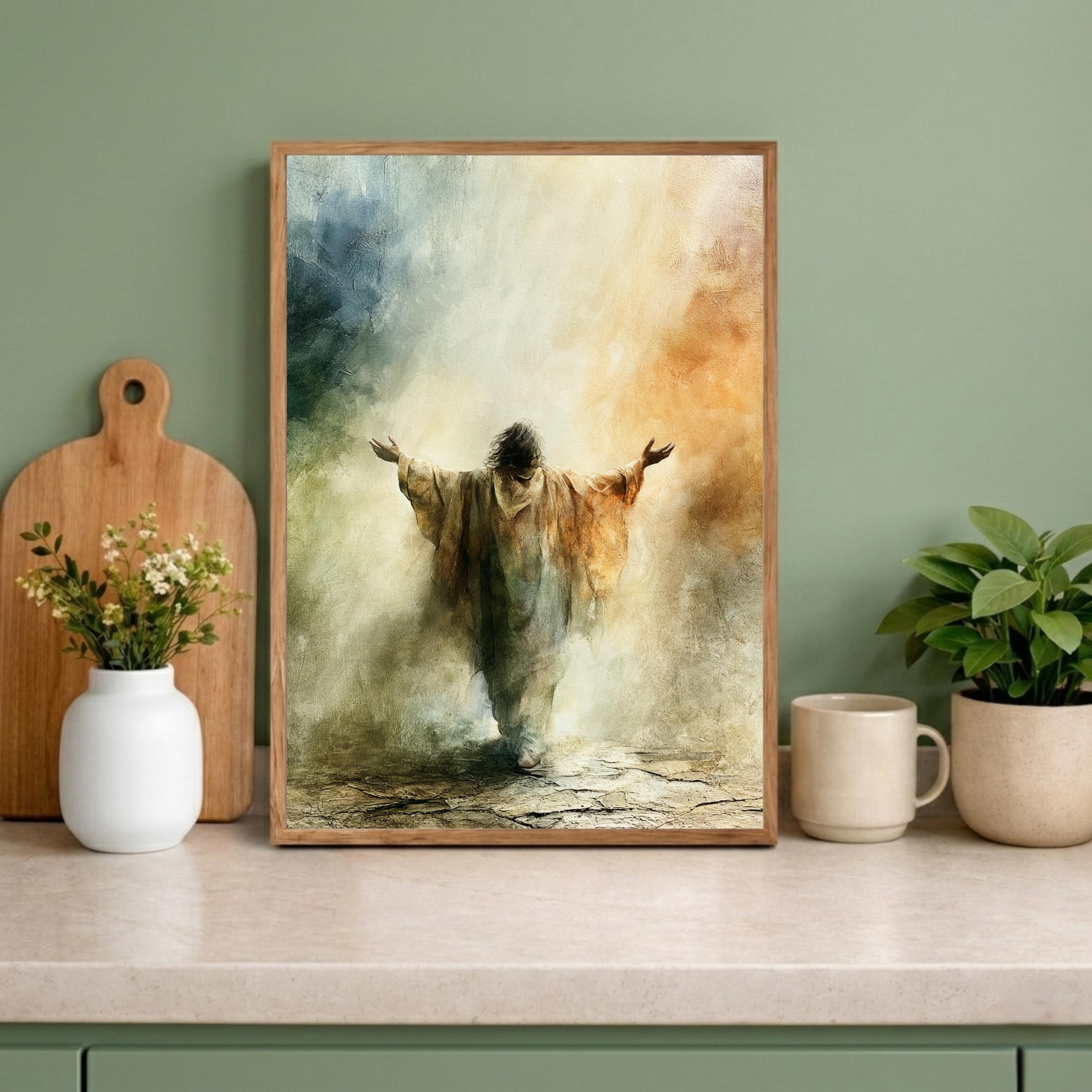 Heavenly Jesus Portrait Wall Art Print, Christian Canvas Wall Decor, Neutral Religious Artwork, Faith Based Living Room Decor