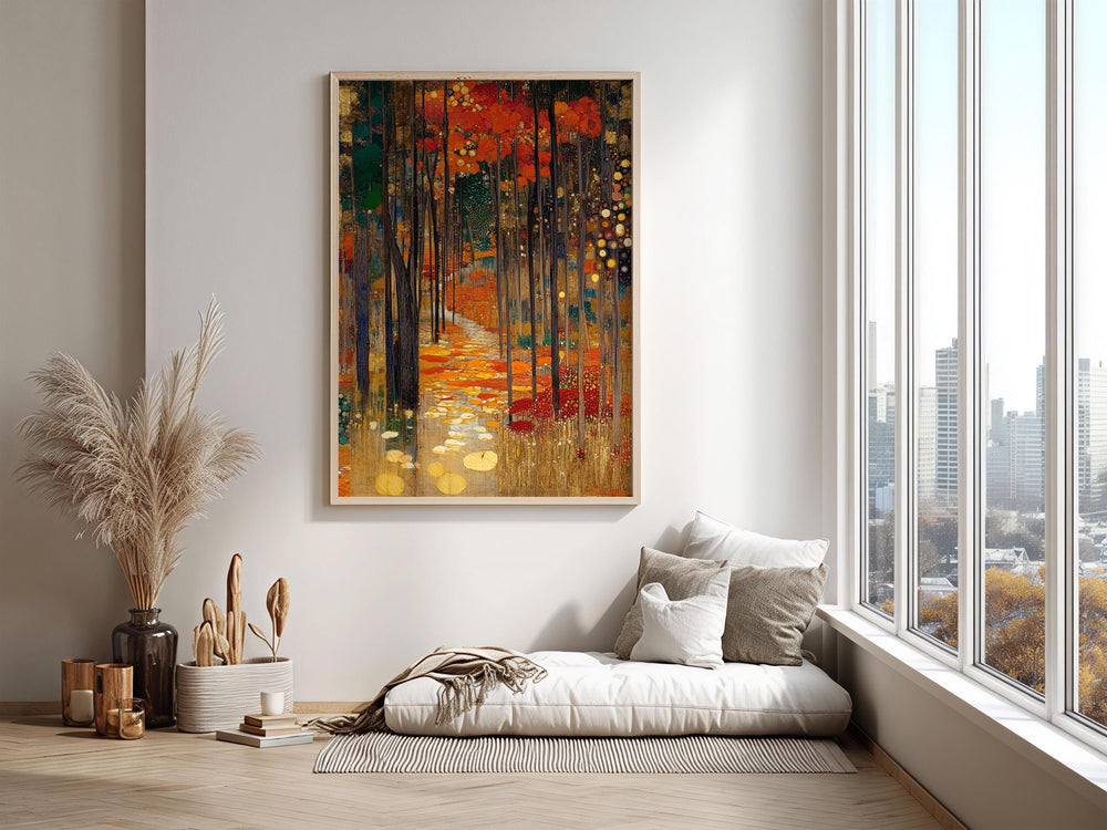 Woodland Path Framed Canvas Print, Gustav Klimt Inspired Enchanted Forest Wall Art, Moody Autumn Landscape Artwork, Rustic Nature Decor