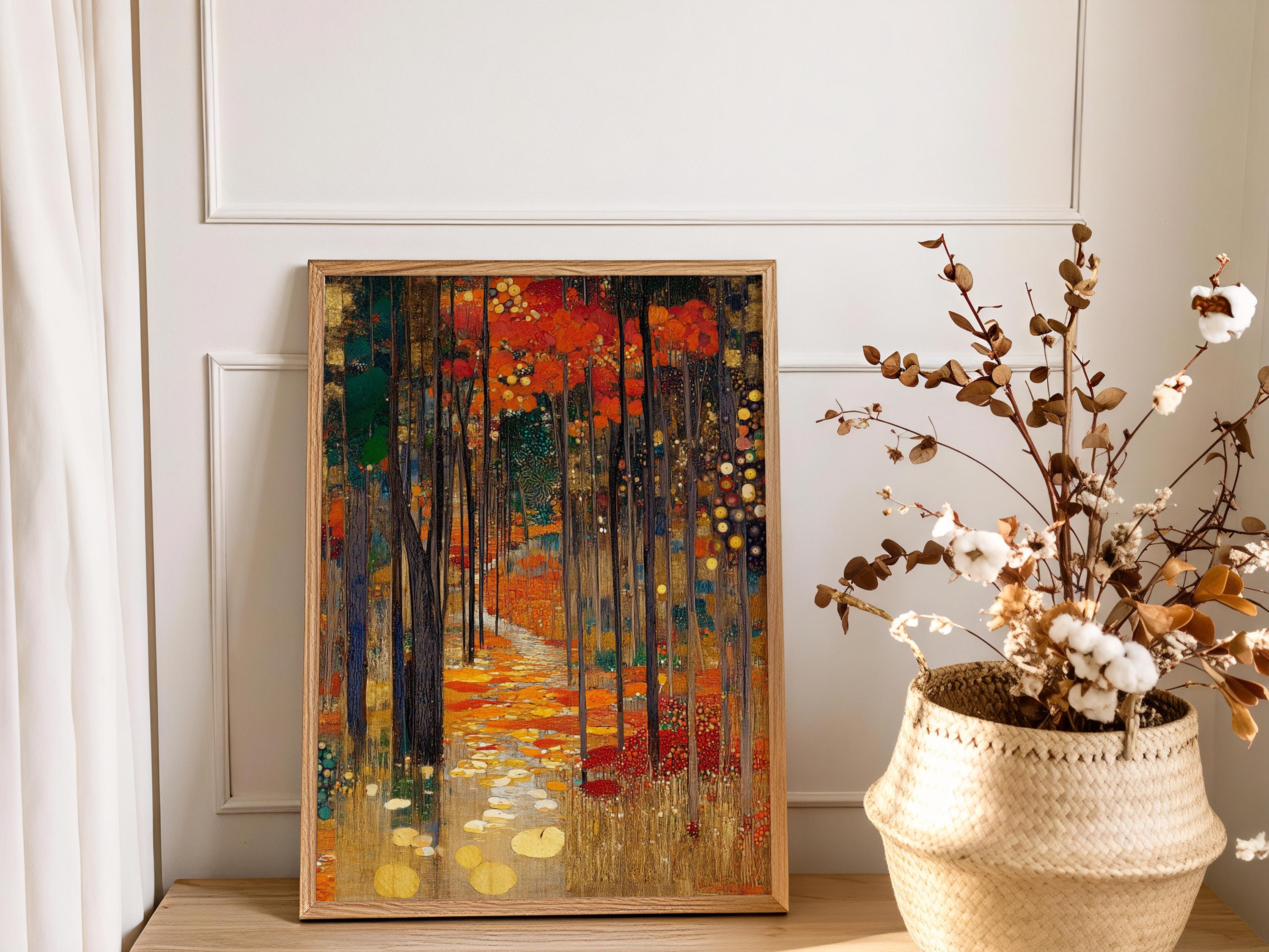 Woodland Path Framed Canvas Print, Gustav Klimt Inspired Enchanted Forest Wall Art, Moody Autumn Landscape Artwork, Rustic Nature Decor