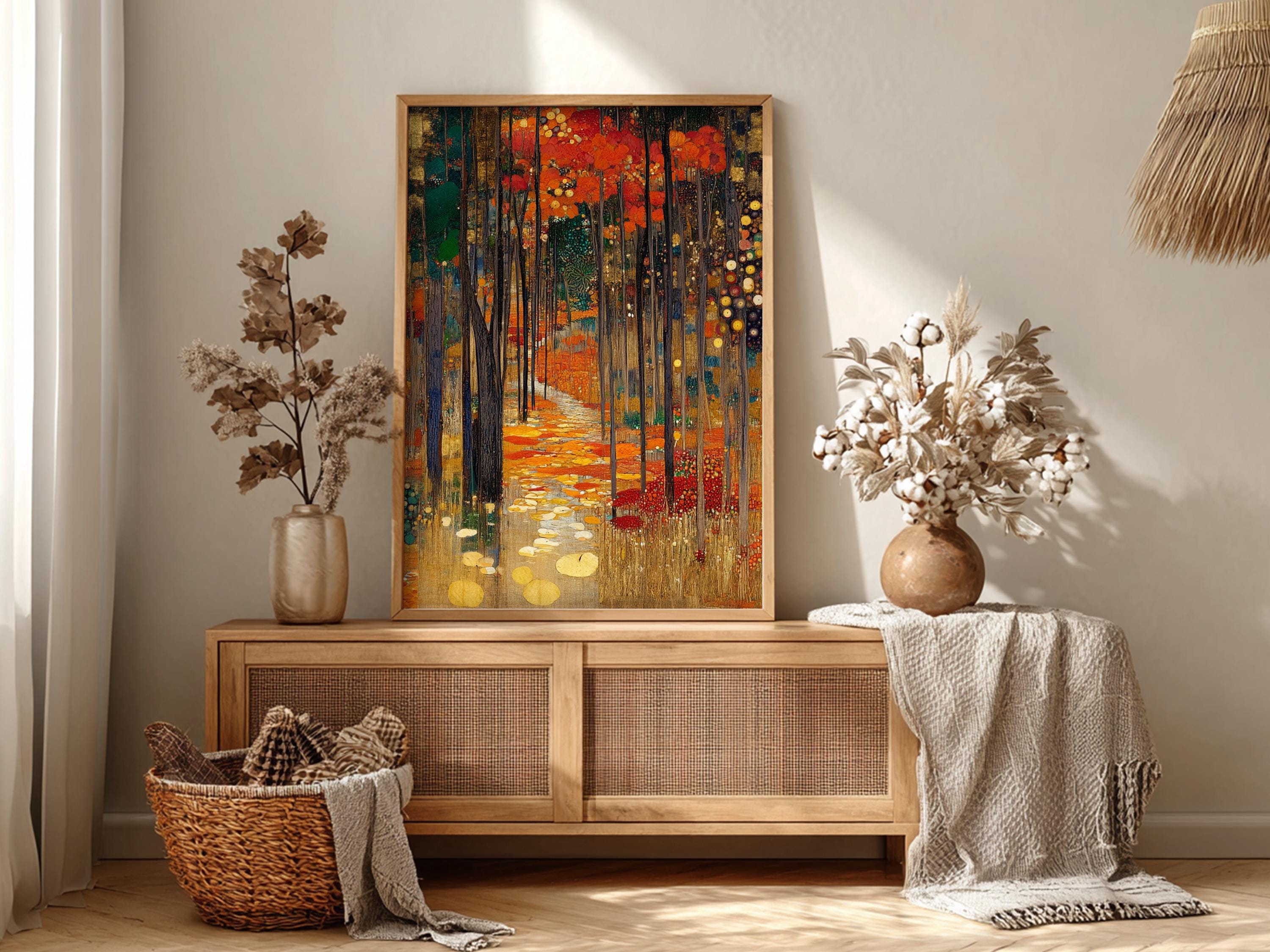 Woodland Path Framed Canvas Print, Gustav Klimt Inspired Enchanted Forest Wall Art, Moody Autumn Landscape Artwork, Rustic Nature Decor