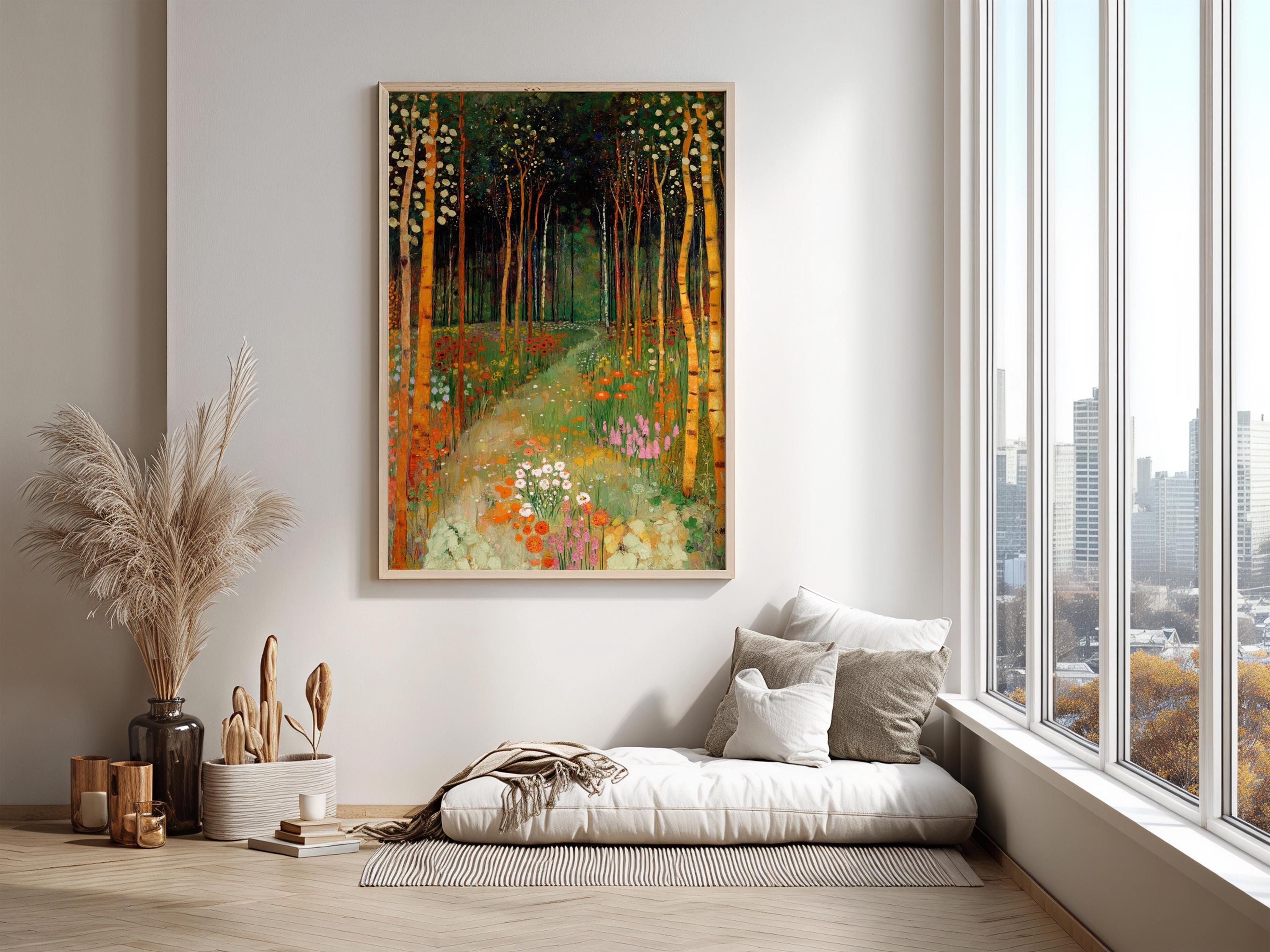 Forest Garden Wall Decor, Woodland Path Framed Canvas, Botanical Nature Landscape Artwork, Cottagecore Home Accent