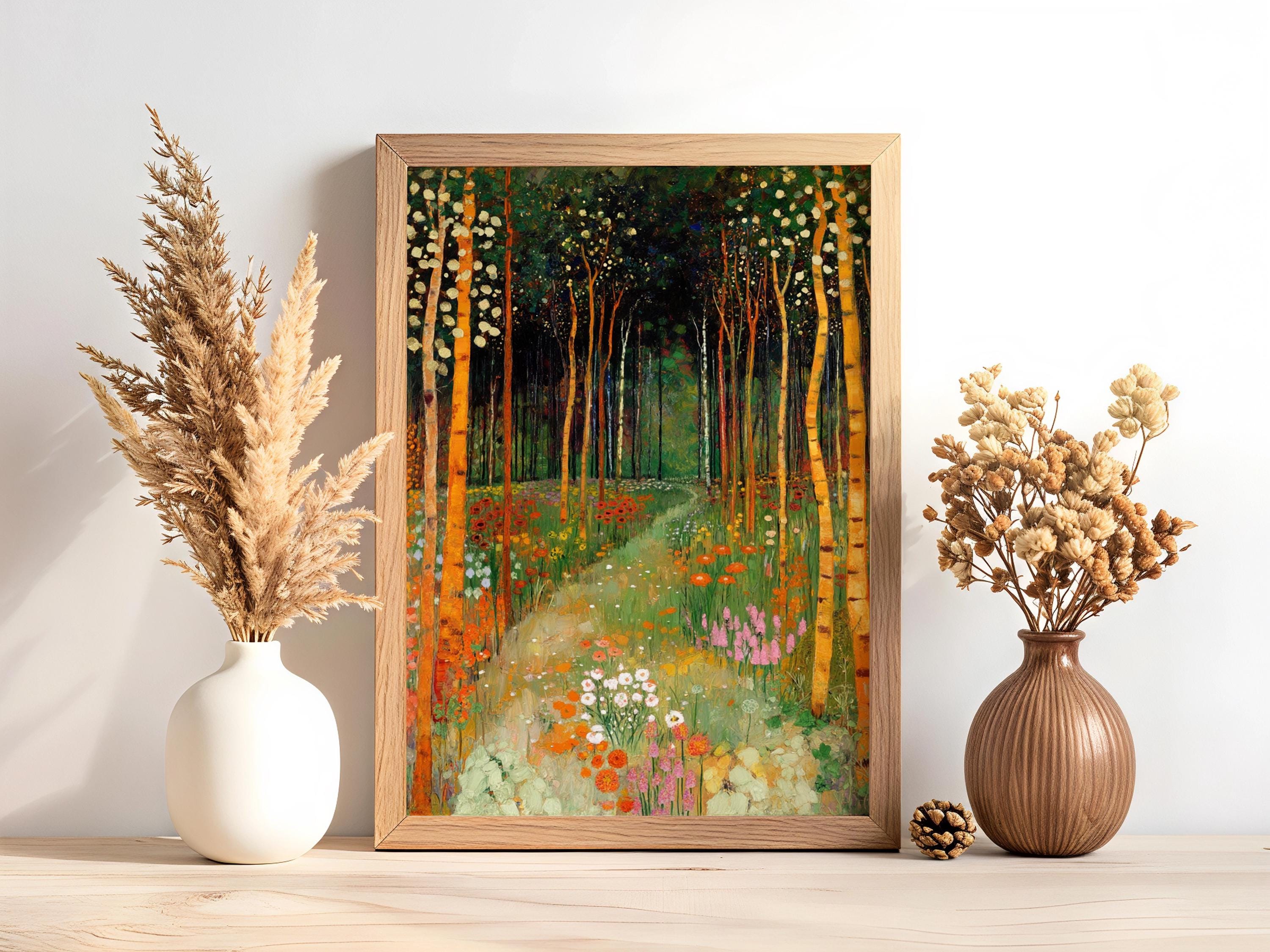 Forest Garden Wall Decor, Woodland Path Framed Canvas, Botanical Nature Landscape Artwork, Cottagecore Home Accent