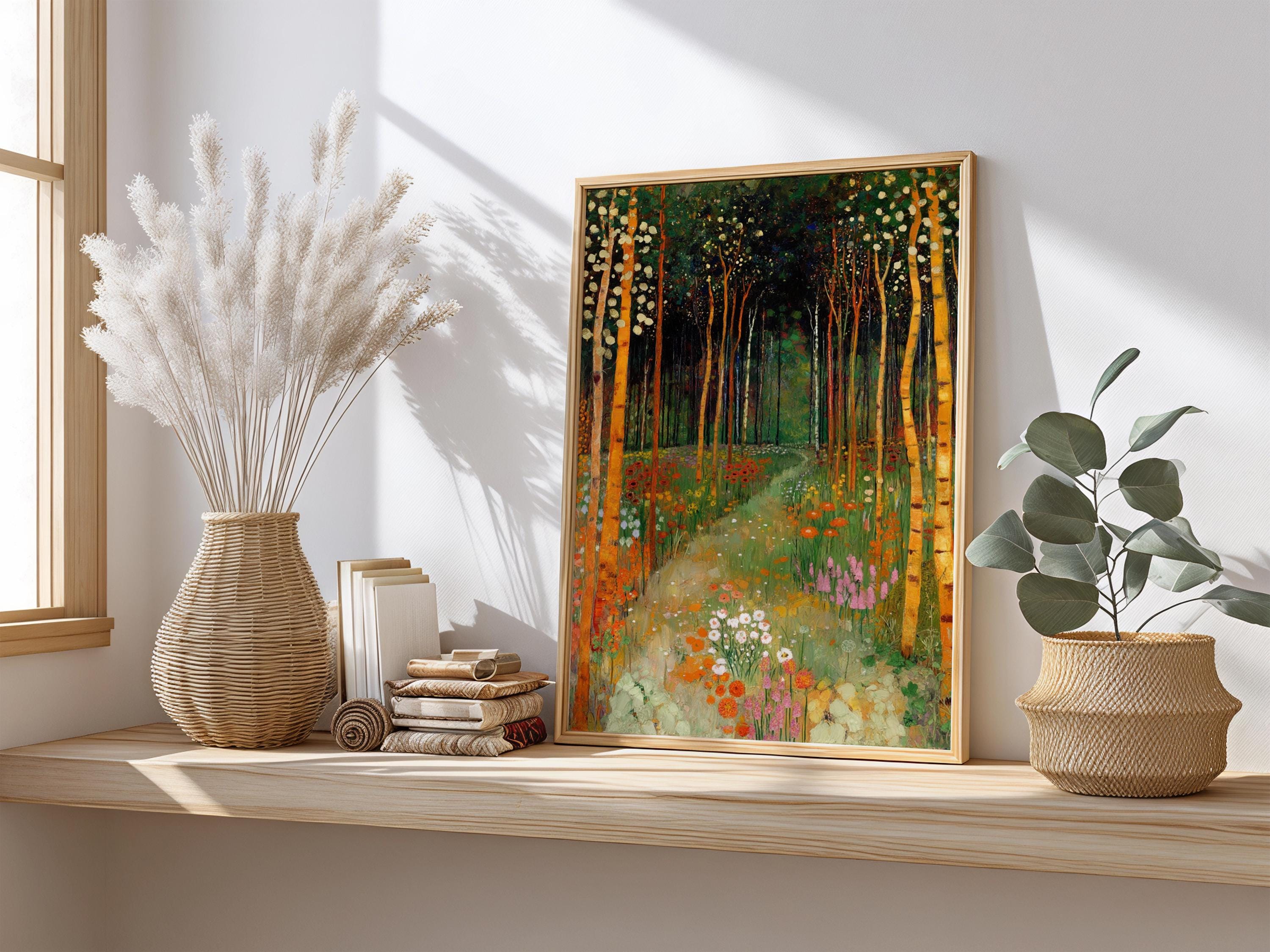 Forest Garden Wall Decor, Woodland Path Framed Canvas, Botanical Nature Landscape Artwork, Cottagecore Home Accent