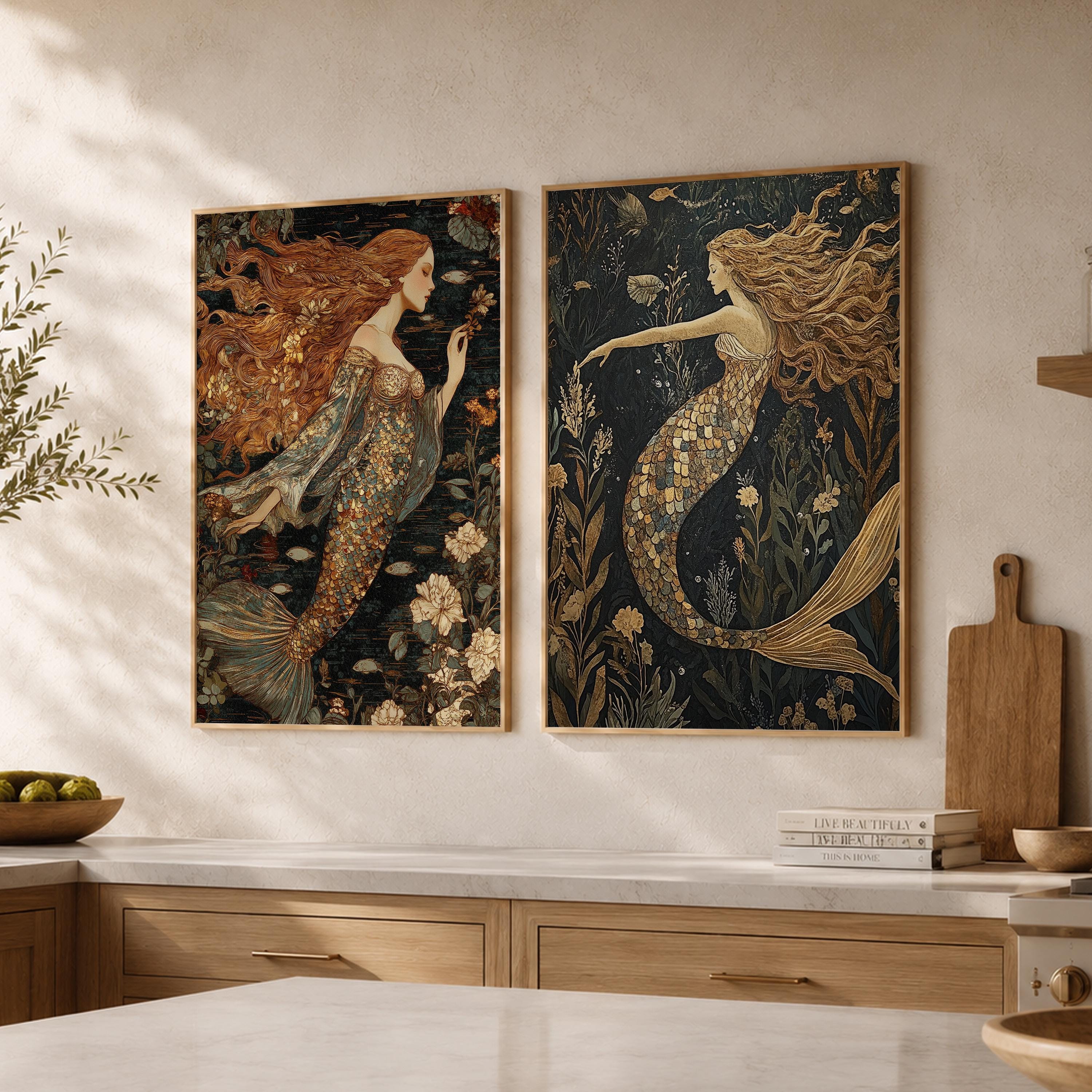 Set of 2 Mermaid Wall Art, Mystical Ocean Framed Canvas Prints Duo, Vintage Fantasy Mermaid Artwork, Moody Coastal Home Decor