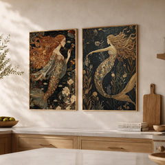 Set of 2 Mermaid Wall Art, Mystical Ocean Framed Canvas Prints Duo, Vintage Fantasy Mermaid Artwork, Moody Coastal Home Decor