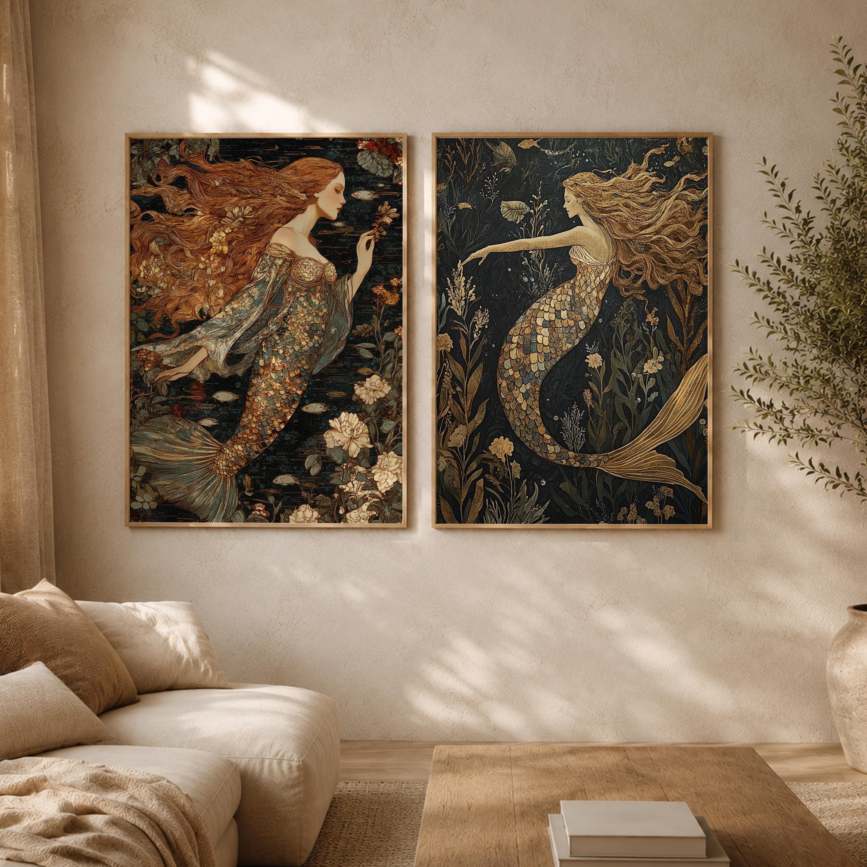 Set of 2 Mermaid Wall Art, Mystical Ocean Framed Canvas Prints Duo, Vintage Fantasy Mermaid Artwork, Moody Coastal Home Decor