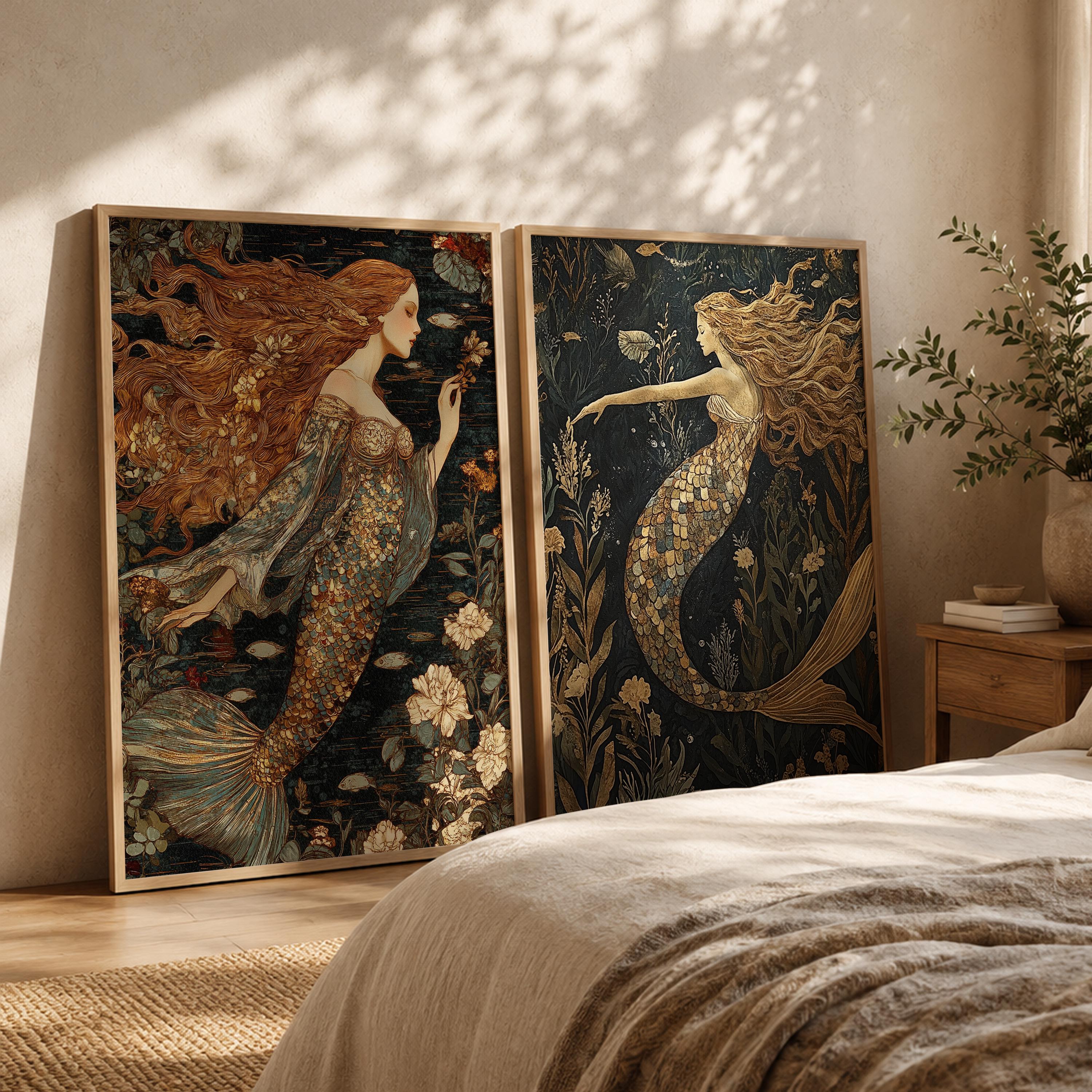 Set of 2 Mermaid Wall Art, Mystical Ocean Framed Canvas Prints Duo, Vintage Fantasy Mermaid Artwork, Moody Coastal Home Decor