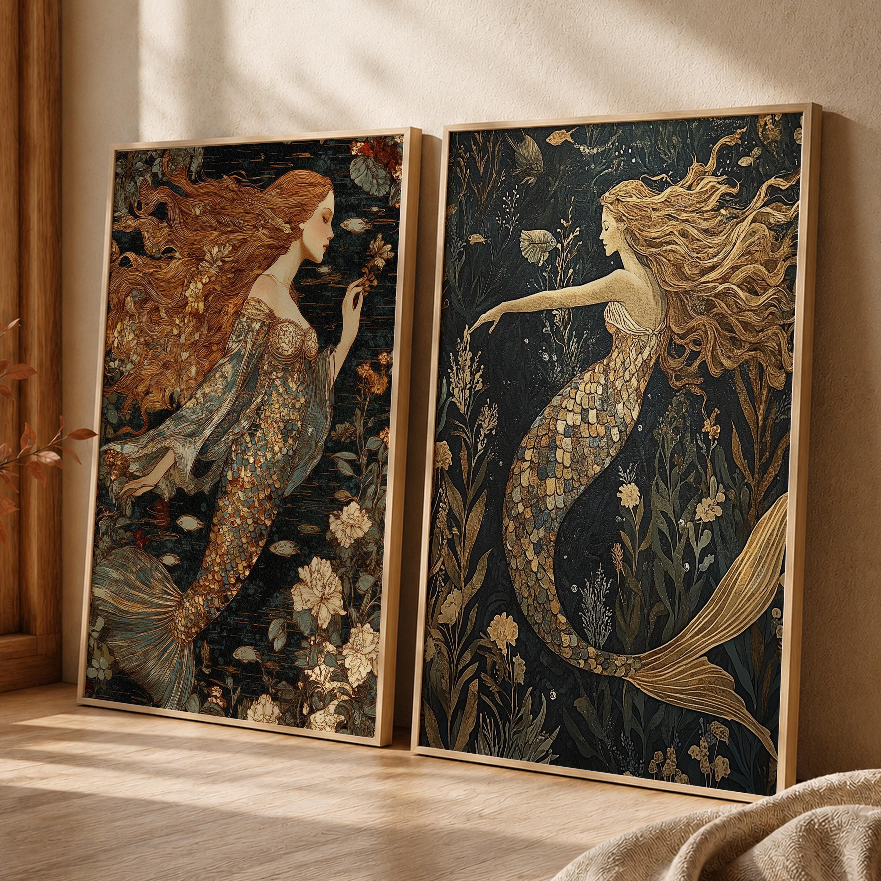 Set of 2 Mermaid Wall Art, Mystical Ocean Framed Canvas Prints Duo, Vintage Fantasy Mermaid Artwork, Moody Coastal Home Decor