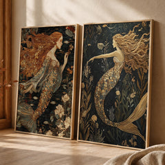 Set of 2 Mermaid Wall Art, Mystical Ocean Framed Canvas Prints Duo, Vintage Fantasy Mermaid Artwork, Moody Coastal Home Decor