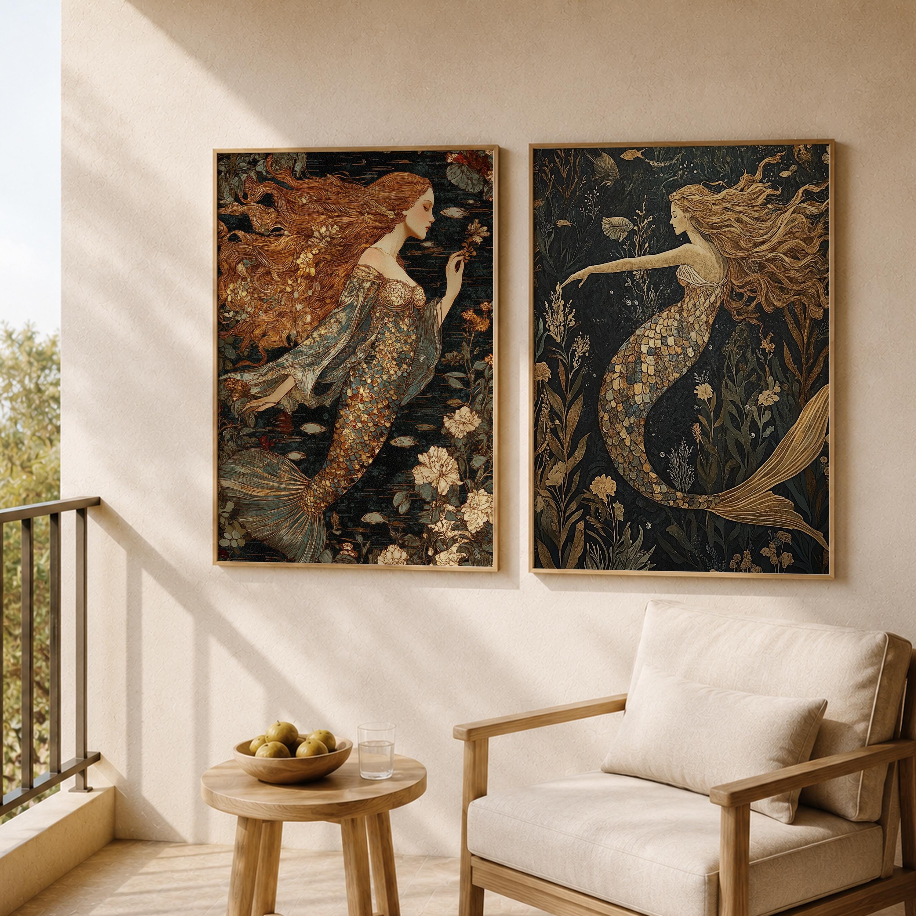Set of 2 Mermaid Wall Art, Mystical Ocean Framed Canvas Prints Duo, Vintage Fantasy Mermaid Artwork, Moody Coastal Home Decor