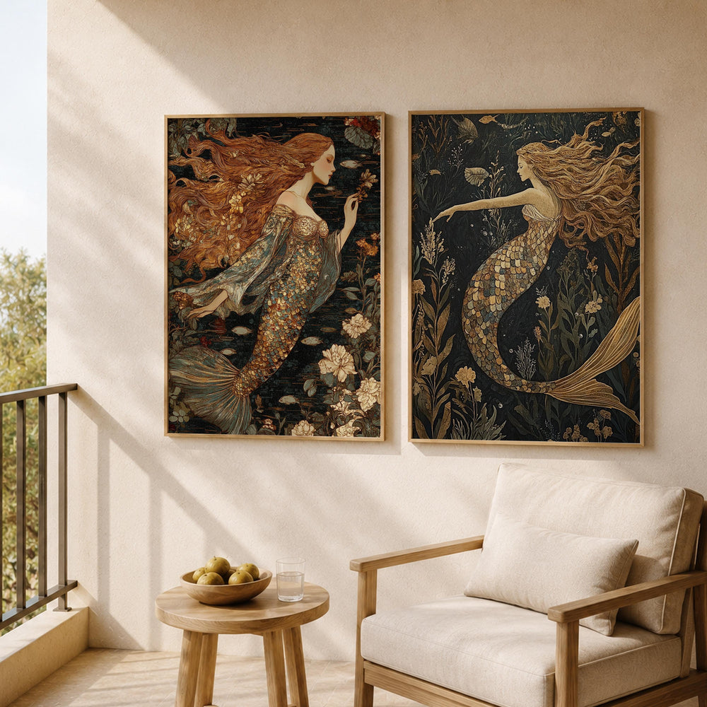Set of 2 Mermaid Wall Art, Mystical Ocean Framed Canvas Prints Duo, Vintage Fantasy Mermaid Artwork, Moody Coastal Home Decor