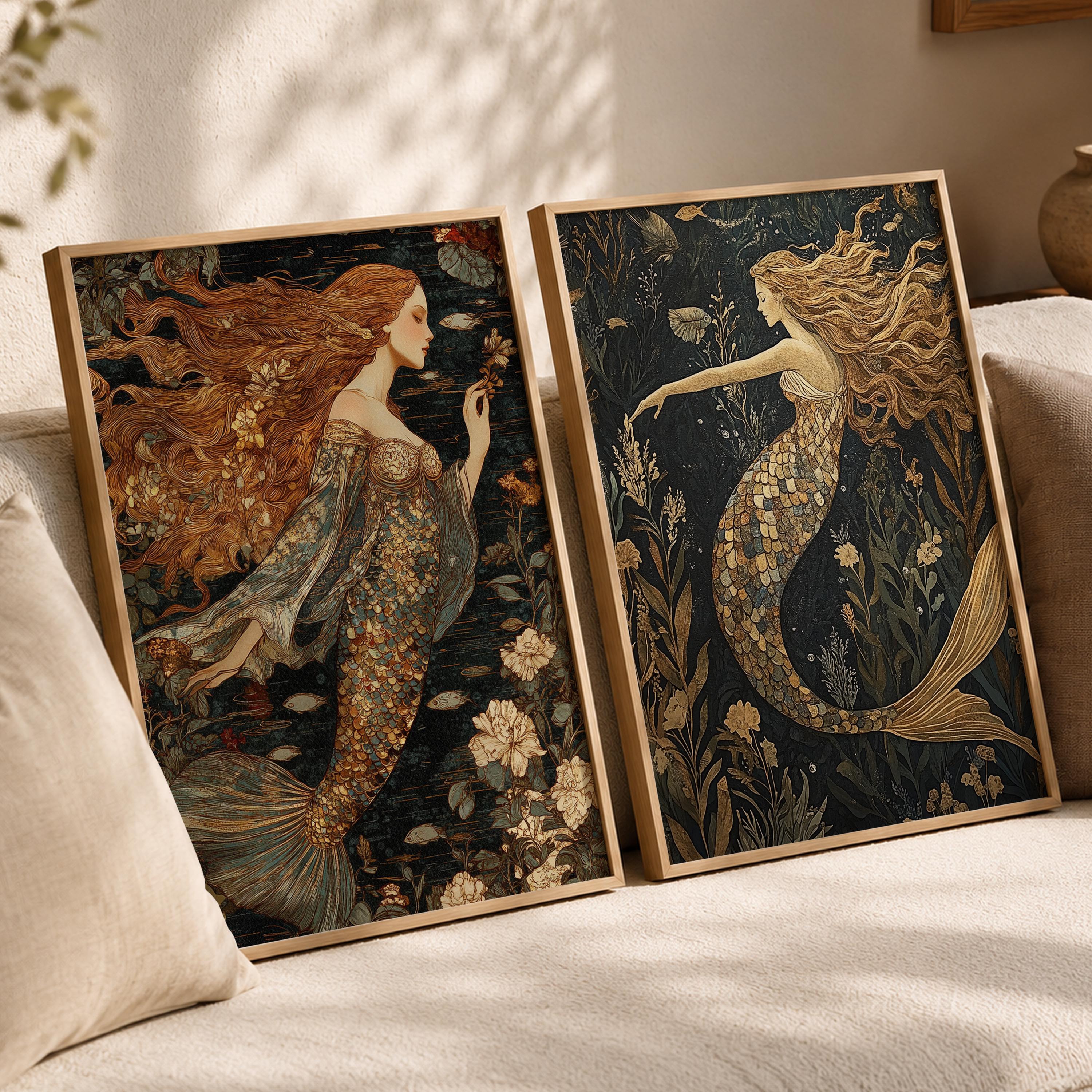 Set of 2 Mermaid Wall Art, Mystical Ocean Framed Canvas Prints Duo, Vintage Fantasy Mermaid Artwork, Moody Coastal Home Decor
