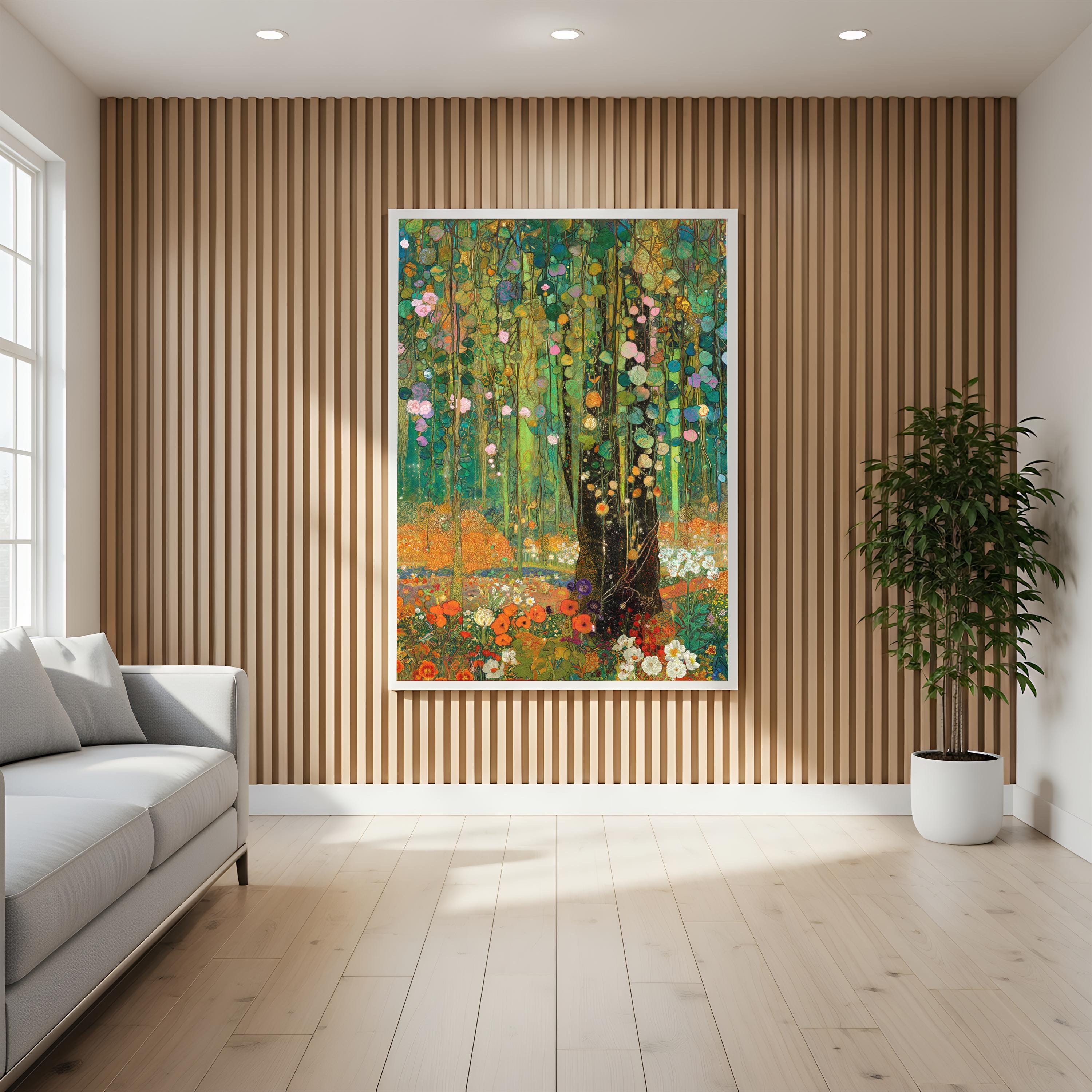 Woodland Framed Wall Print, Botanical Forest Canvas Art, Floral Nature Artwork, Gustav Klimt Inspired Cottagecore Decor