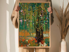 Woodland Framed Wall Print, Botanical Forest Canvas Art, Floral Nature Artwork, Gustav Klimt Inspired Cottagecore Decor