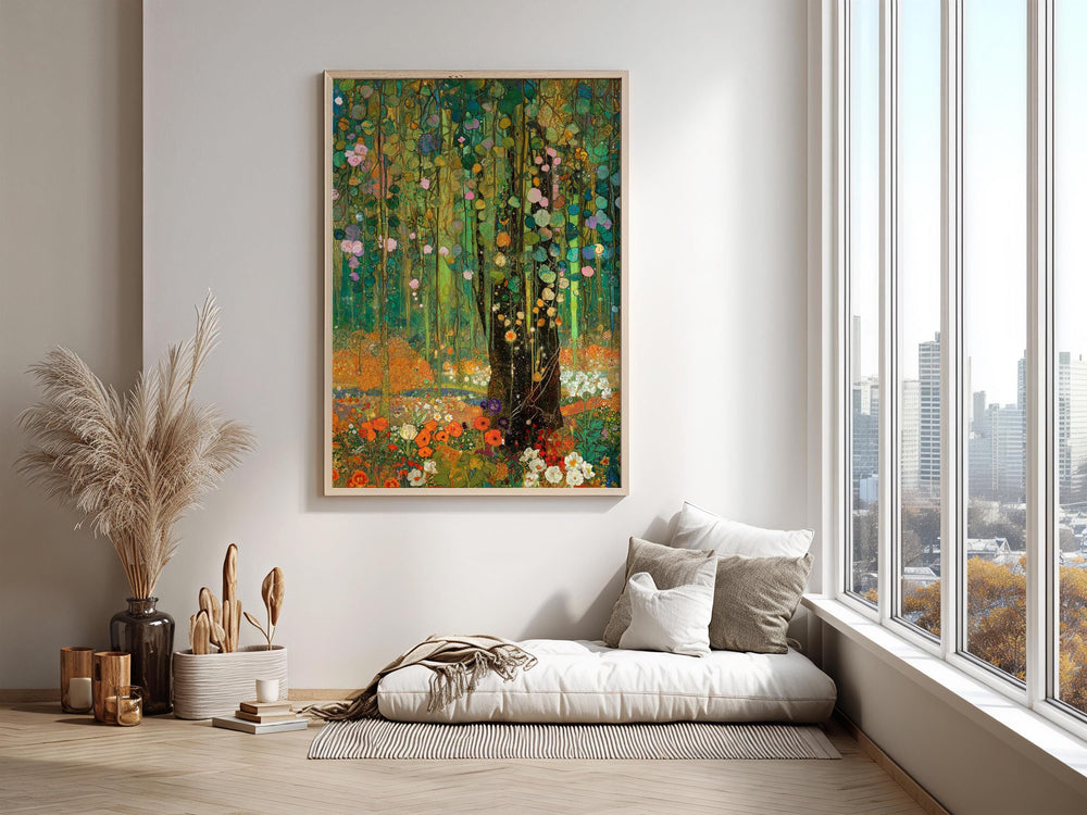Woodland Framed Wall Print, Botanical Forest Canvas Art, Floral Nature Artwork, Gustav Klimt Inspired Cottagecore Decor