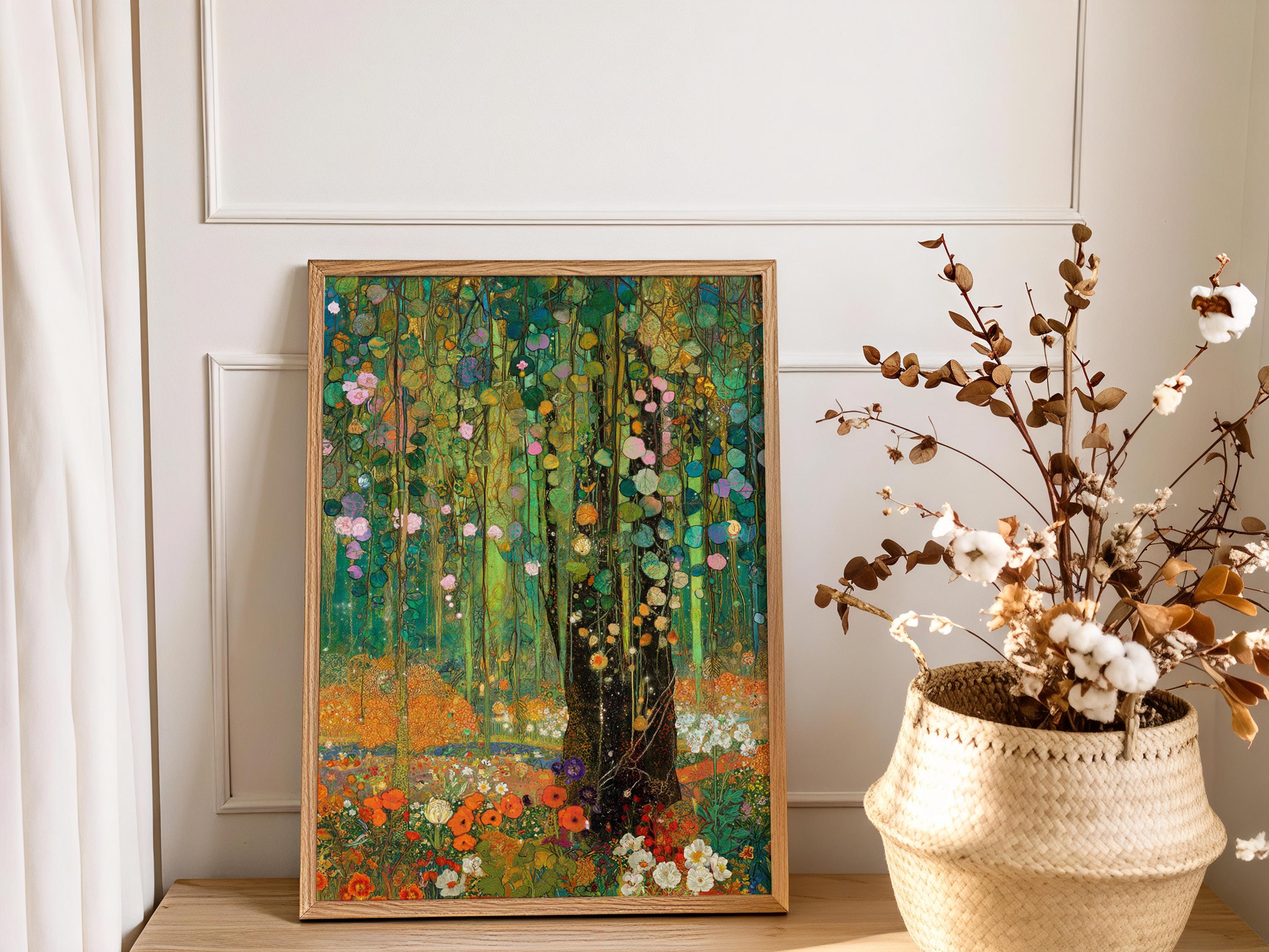 Woodland Framed Wall Print, Botanical Forest Canvas Art, Floral Nature Artwork, Gustav Klimt Inspired Cottagecore Decor