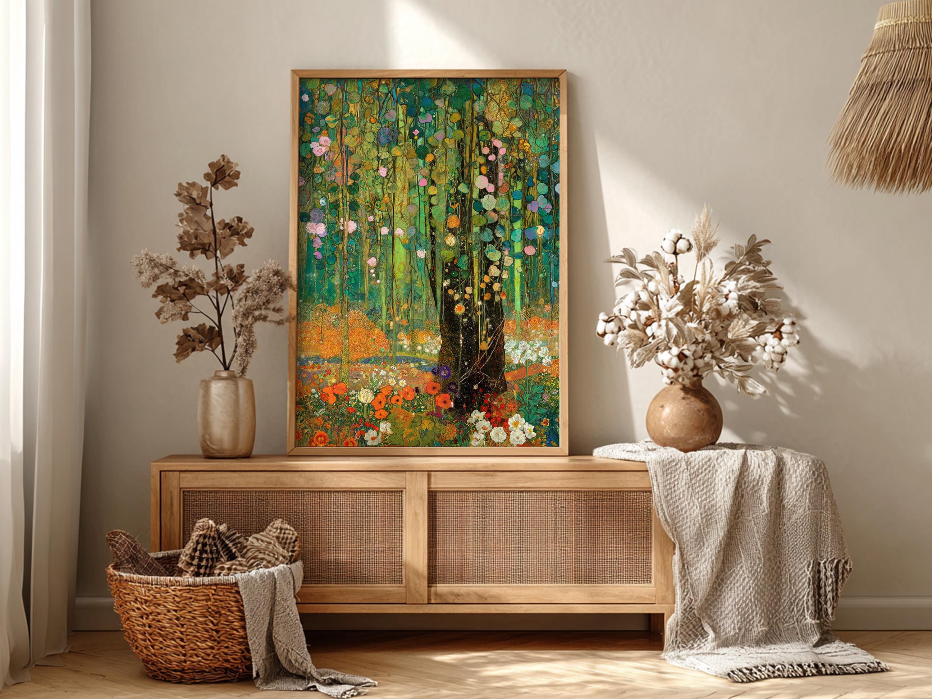 Woodland Framed Wall Print, Botanical Forest Canvas Art, Floral Nature Artwork, Gustav Klimt Inspired Cottagecore Decor