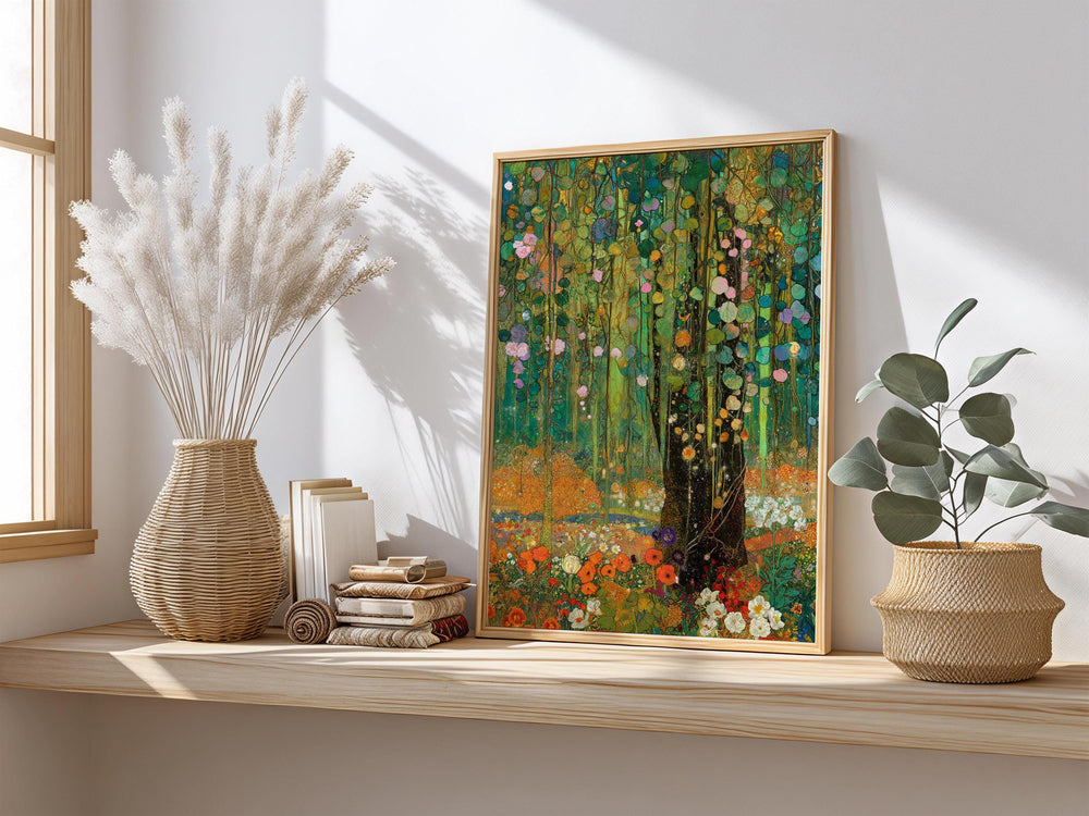Woodland Framed Wall Print, Botanical Forest Canvas Art, Floral Nature Artwork, Gustav Klimt Inspired Cottagecore Decor