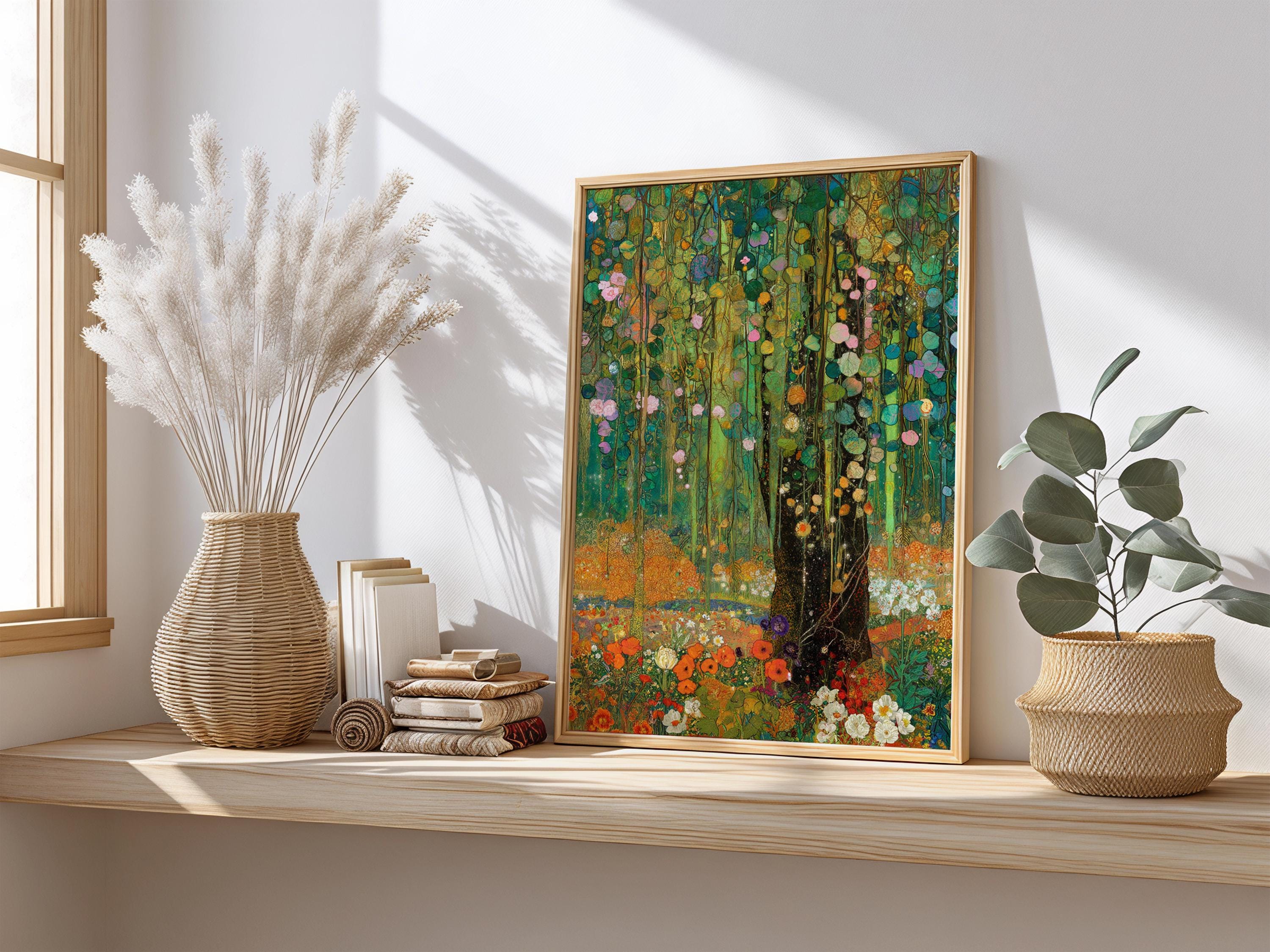 Woodland Framed Wall Print, Botanical Forest Canvas Art, Floral Nature Artwork, Gustav Klimt Inspired Cottagecore Decor
