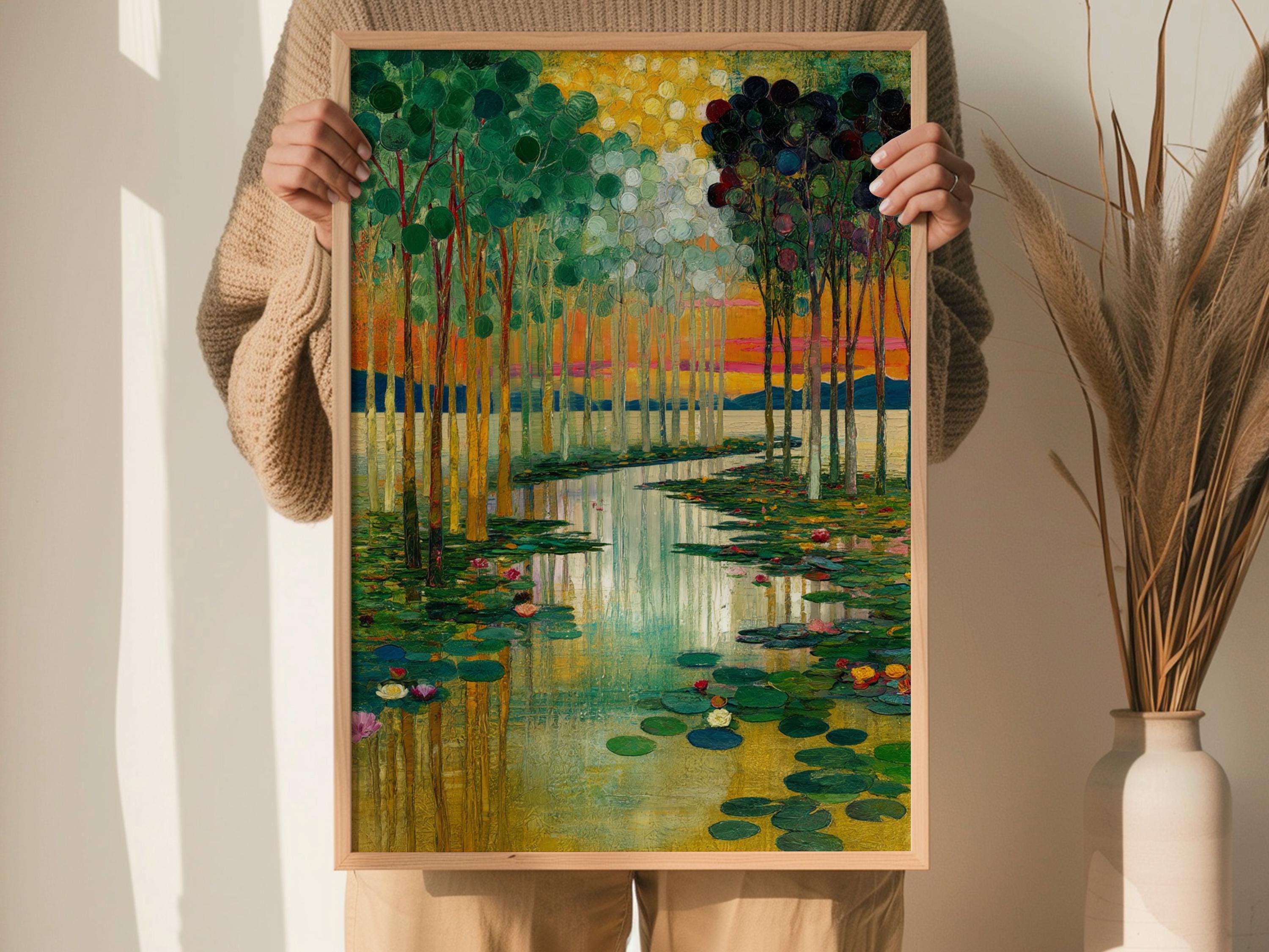 Water Lily Wall Canvas, Serene Lake Framed Canvas, Botanical Landscape Artwork, Nature Home Decor, Gustav Klimt Inspired Art