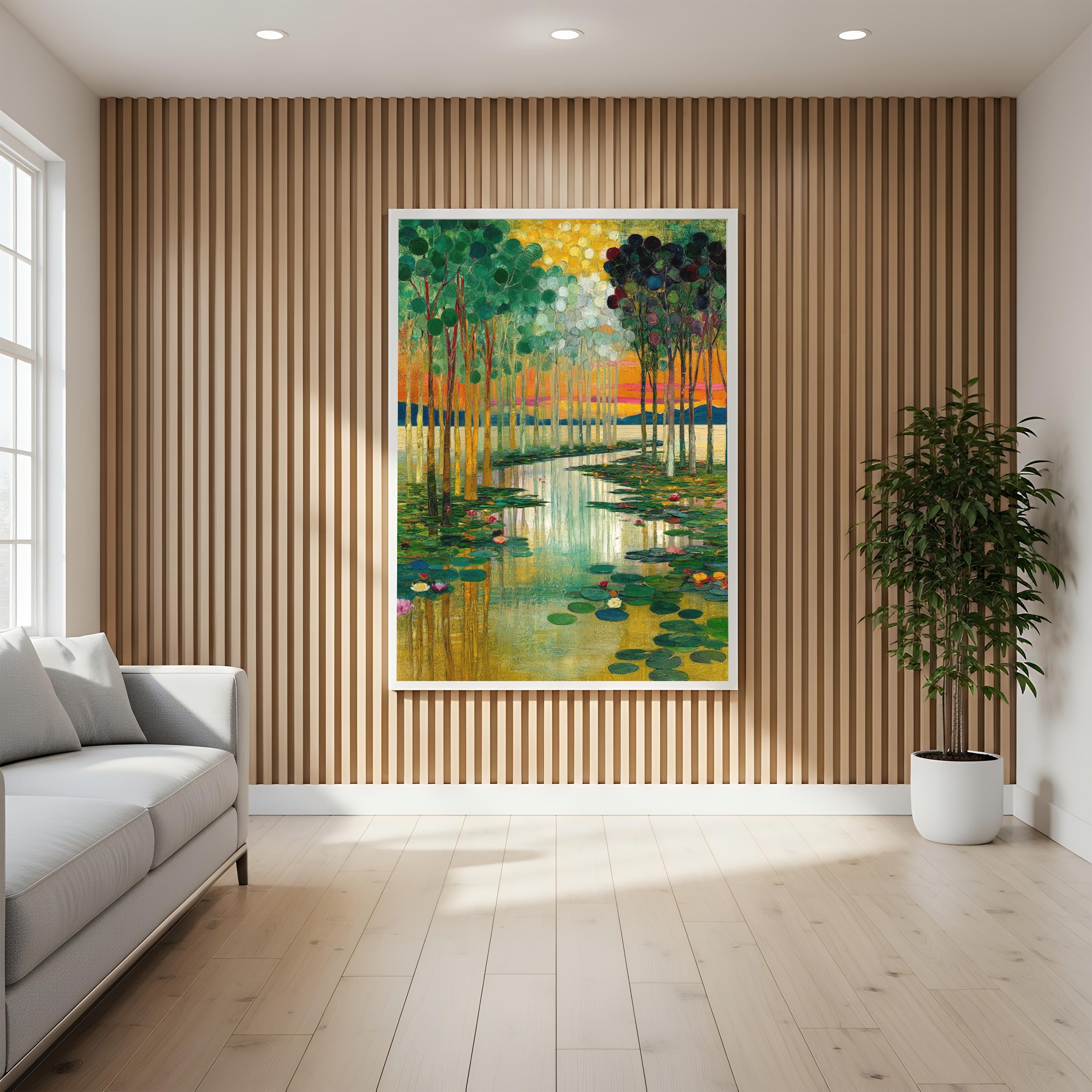 Water Lily Wall Canvas, Serene Lake Framed Canvas, Botanical Landscape Artwork, Nature Home Decor, Gustav Klimt Inspired Art