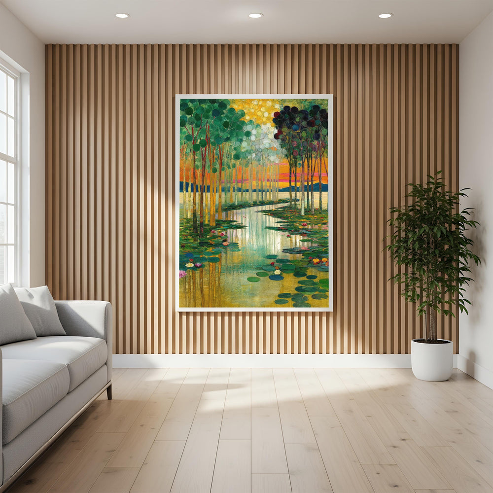 Water Lily Wall Canvas, Serene Lake Framed Canvas, Botanical Landscape Artwork, Nature Home Decor, Gustav Klimt Inspired Art