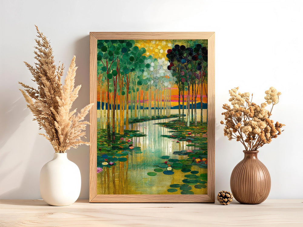 Water Lily Wall Canvas, Serene Lake Framed Canvas, Botanical Landscape Artwork, Nature Home Decor, Gustav Klimt Inspired Art