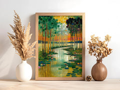Water Lily Wall Canvas, Serene Lake Framed Canvas, Botanical Landscape Artwork, Nature Home Decor, Gustav Klimt Inspired Art