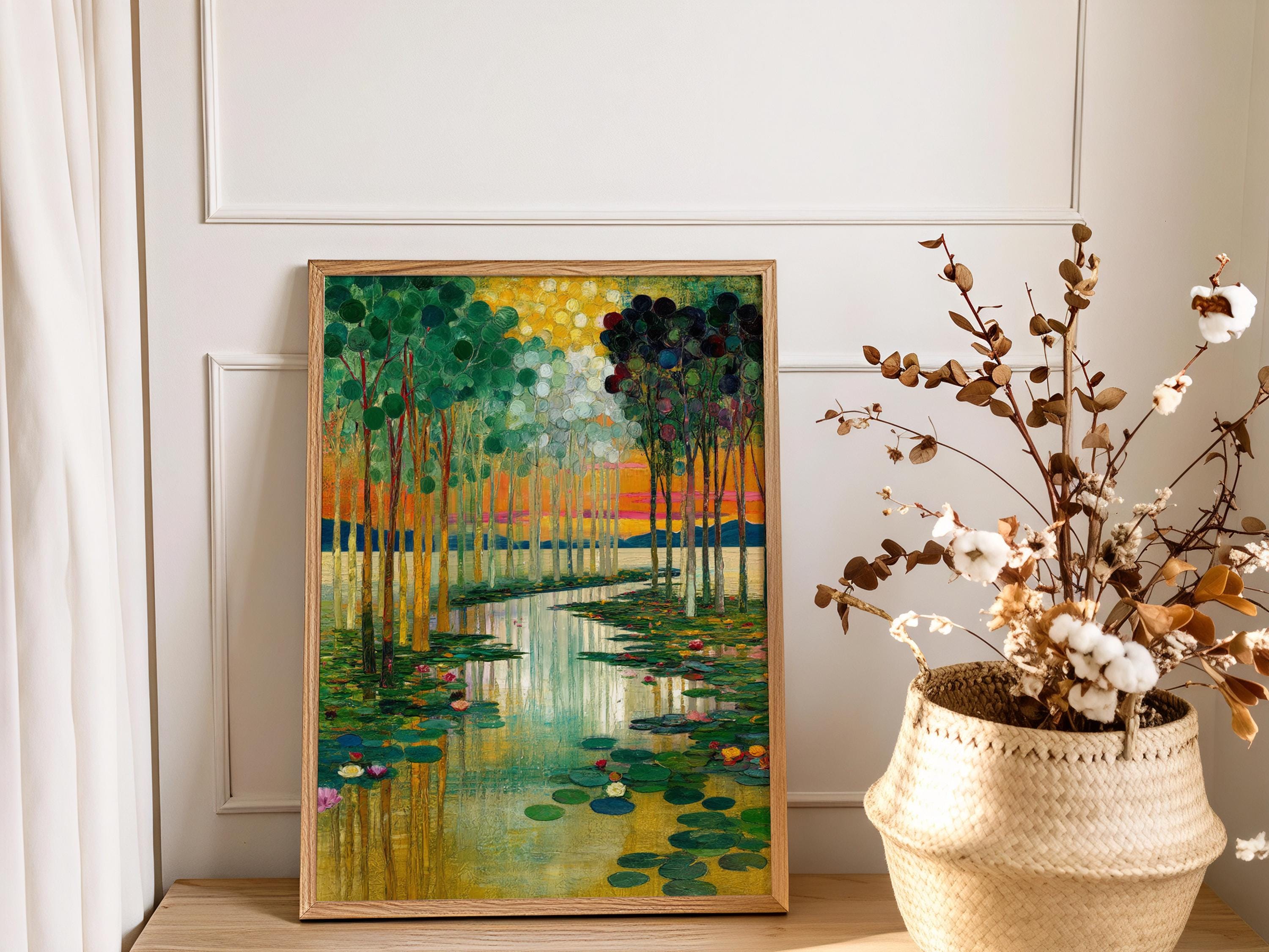Water Lily Wall Canvas, Serene Lake Framed Canvas, Botanical Landscape Artwork, Nature Home Decor, Gustav Klimt Inspired Art