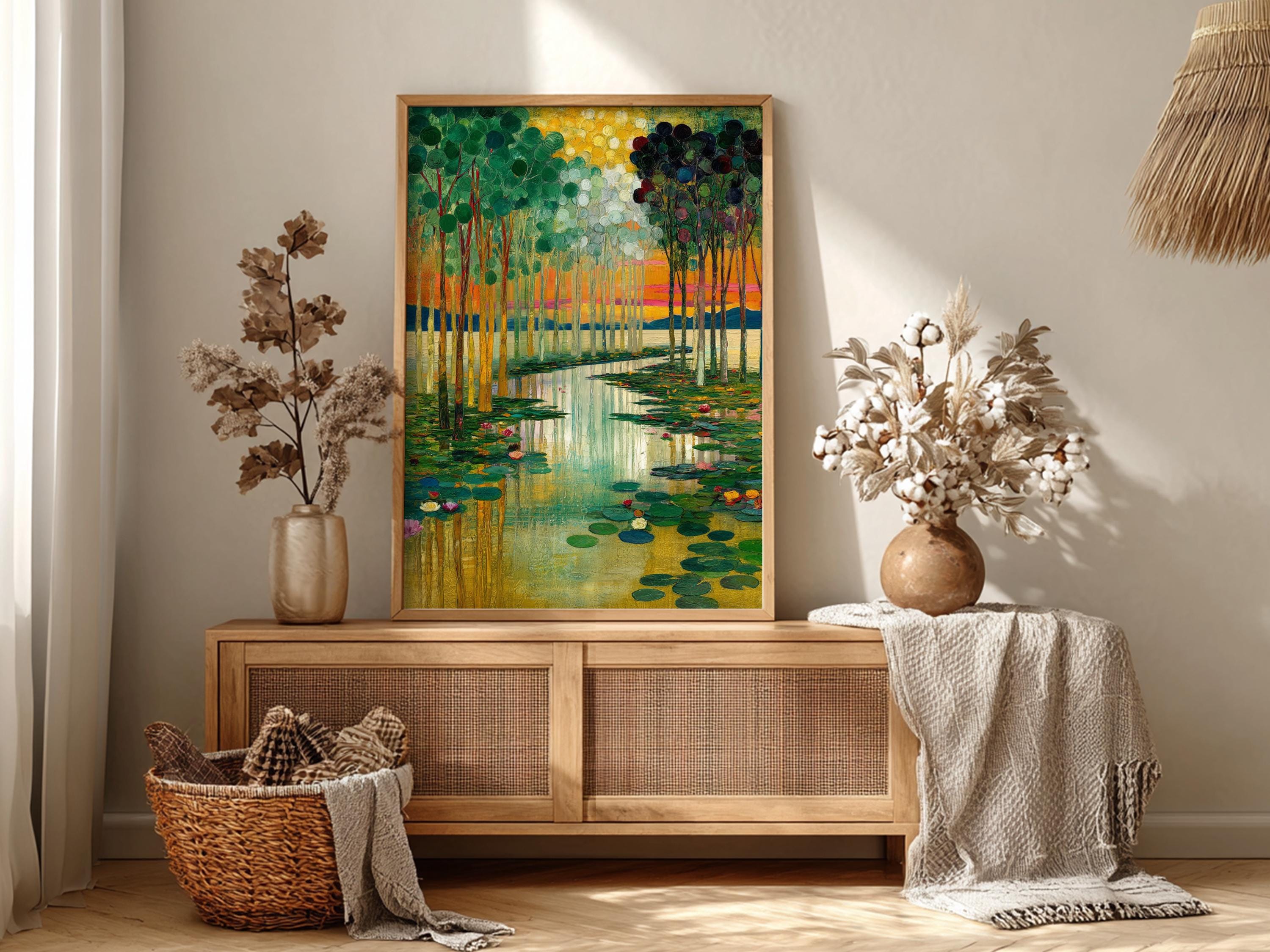 Water Lily Wall Canvas, Serene Lake Framed Canvas, Botanical Landscape Artwork, Nature Home Decor, Gustav Klimt Inspired Art