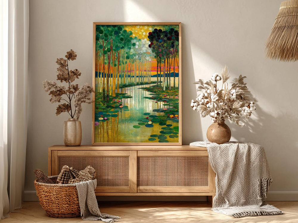 Water Lily Wall Canvas, Serene Lake Framed Canvas, Botanical Landscape Artwork, Nature Home Decor, Gustav Klimt Inspired Art
