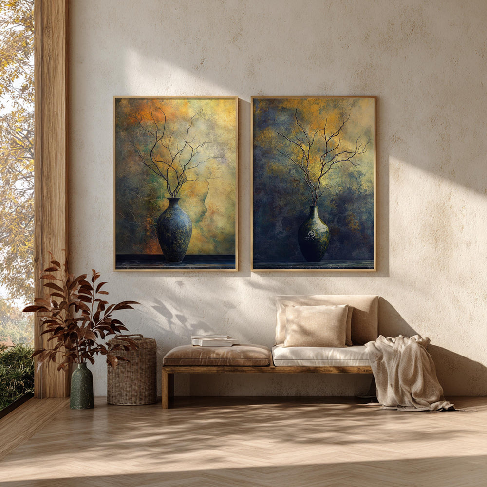Set of 2 Moody Still Life Wall Art, Rustic Vase Framed Canvas Prints Duo, Dark Botanical Artwork, Neutral Modern Home Decor