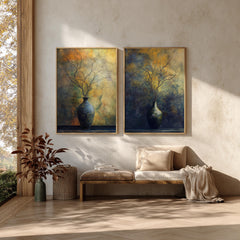 Set of 2 Moody Still Life Wall Art, Rustic Vase Framed Canvas Prints Duo, Dark Botanical Artwork, Neutral Modern Home Decor