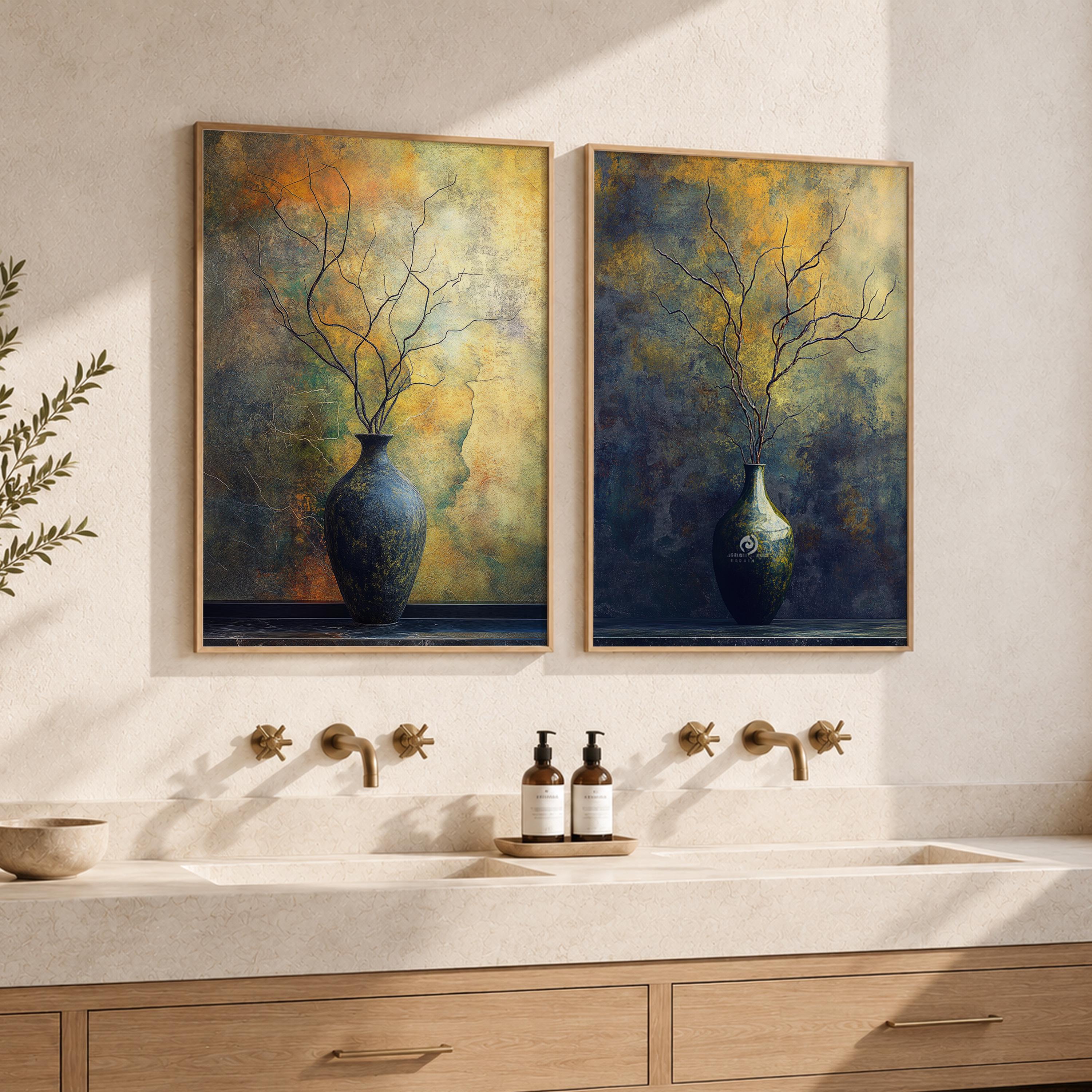 Set of 2 Moody Still Life Wall Art, Rustic Vase Framed Canvas Prints Duo, Dark Botanical Artwork, Neutral Modern Home Decor