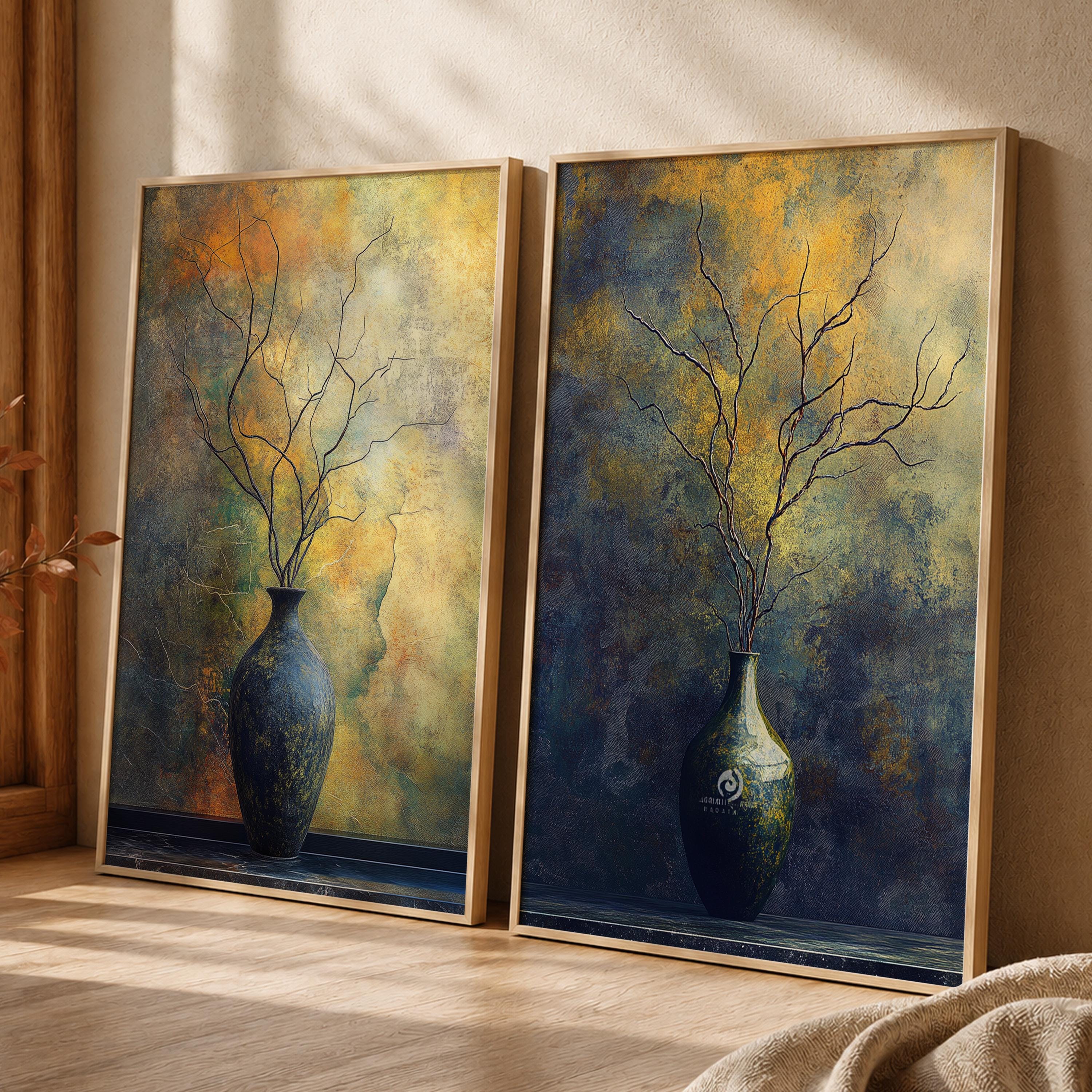 Set of 2 Moody Still Life Wall Art, Rustic Vase Framed Canvas Prints Duo, Dark Botanical Artwork, Neutral Modern Home Decor