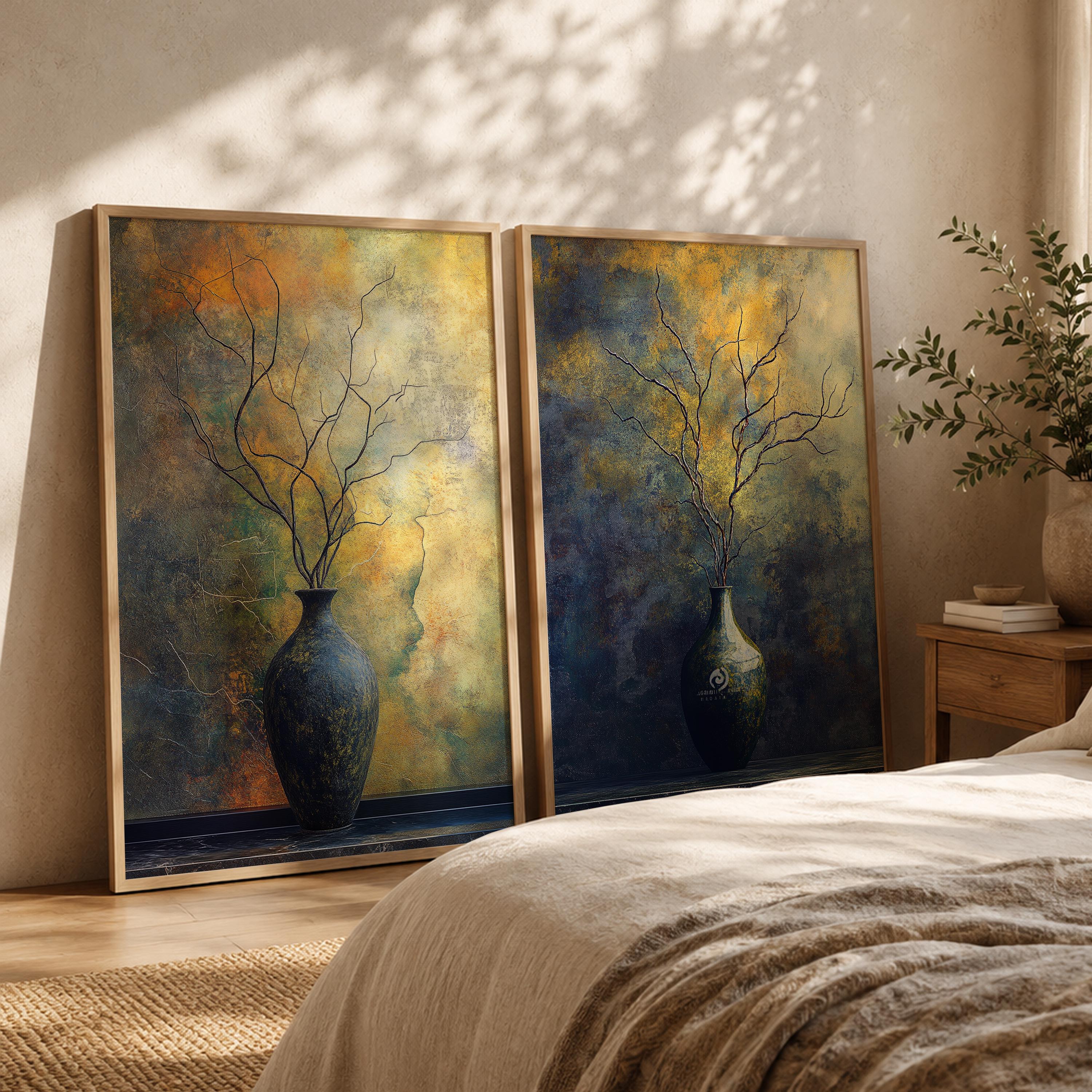 Set of 2 Moody Still Life Wall Art, Rustic Vase Framed Canvas Prints Duo, Dark Botanical Artwork, Neutral Modern Home Decor
