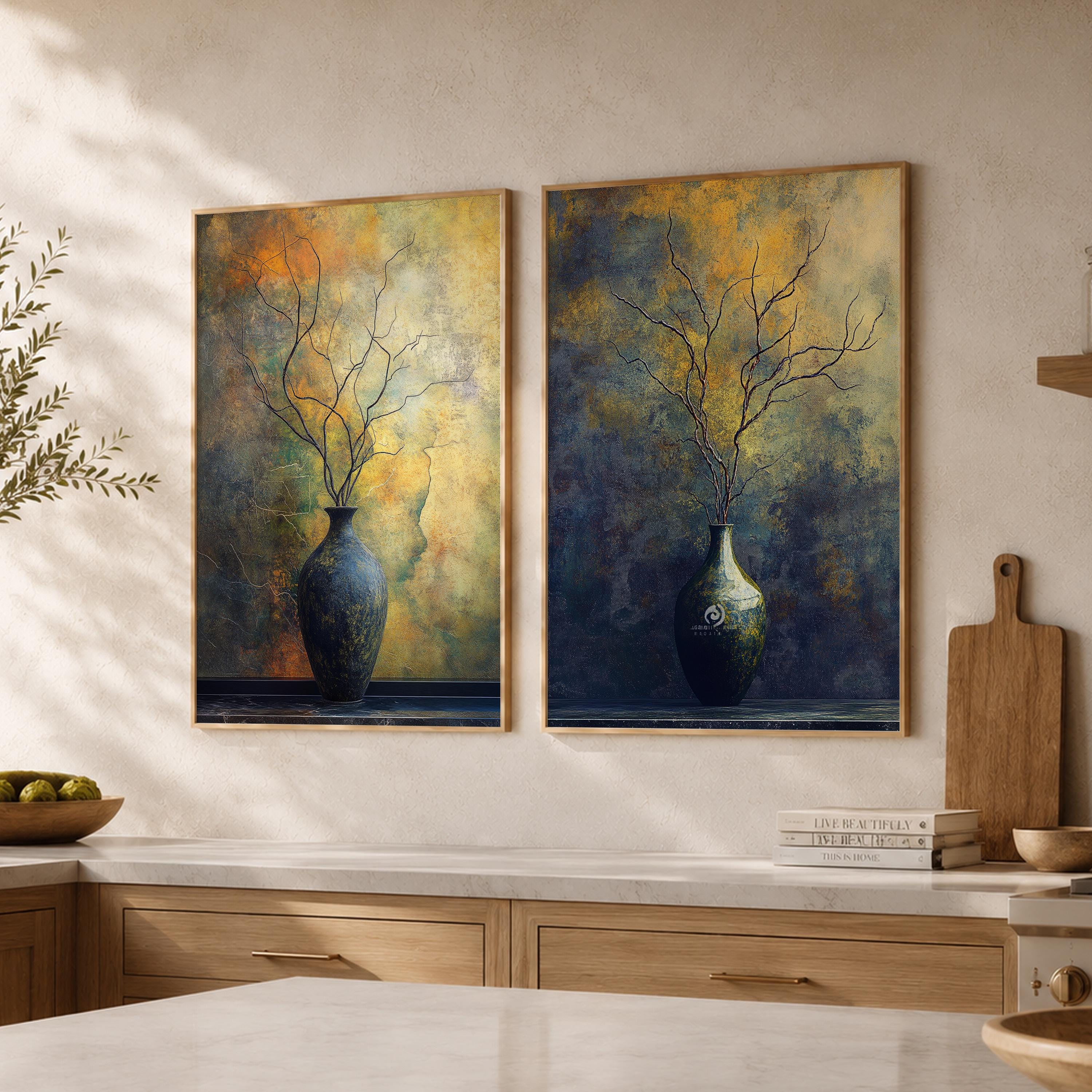Set of 2 Moody Still Life Wall Art, Rustic Vase Framed Canvas Prints Duo, Dark Botanical Artwork, Neutral Modern Home Decor
